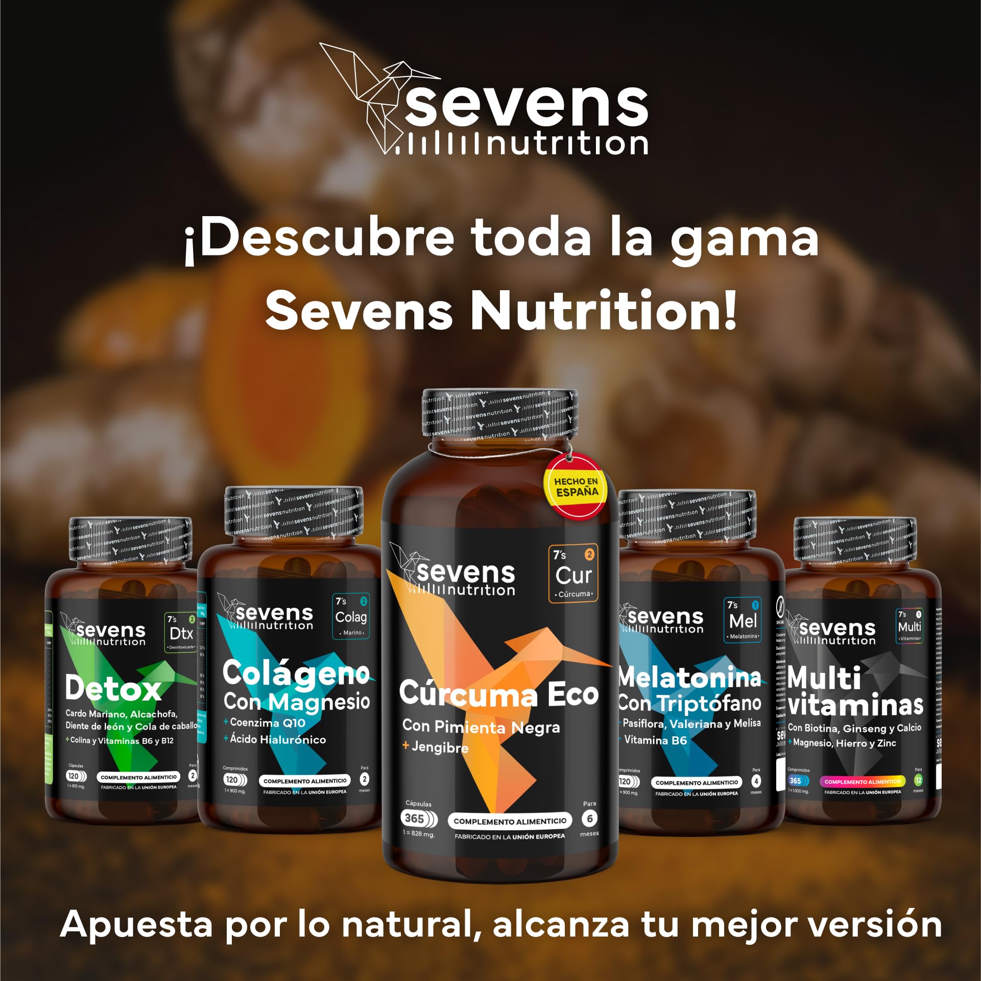 Cúrcuma con Jengibre y Pimienta Negra - 1410 mg por Dosis - 365 Cápsulas Formato Ahorro XL - Cúrcuma ECO en Cápsulas Veganas - Antiinflamatorio Natural - Apoyo Óseo y Articular - Sevens