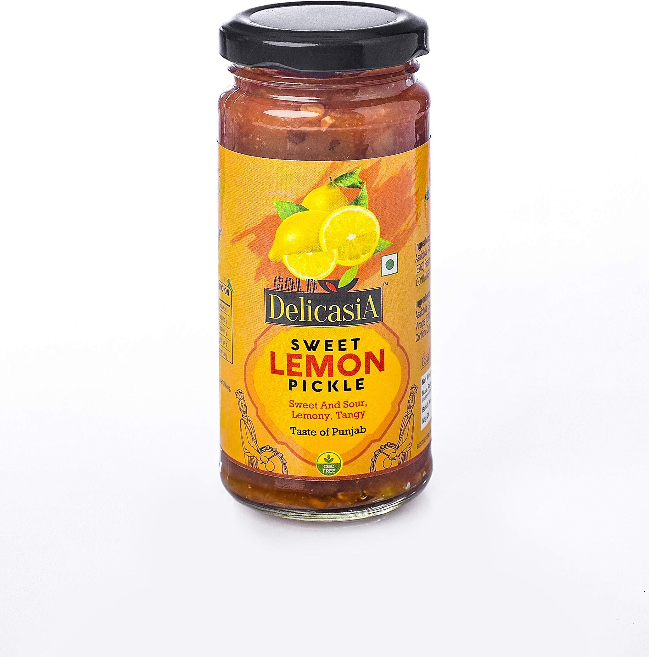 DELICASIA GOLD LEMON SWEET PICKLE 250 gm BRAND OF SR's. INDIAN FLAVOR. NO ARTIFICIAL COLOR AND FLAVORS. GLUTEN FREE. 77 YEARS OF TRUST