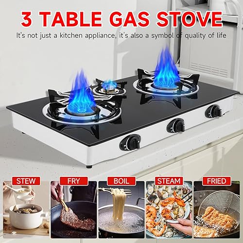 Miniatura 3 de Cocina de gas propano, estufa de gas de 3 quemadores portátil, vidrio templado de 0.28 pulgadas, encendido automático, 3 quemadores GLP para RV,