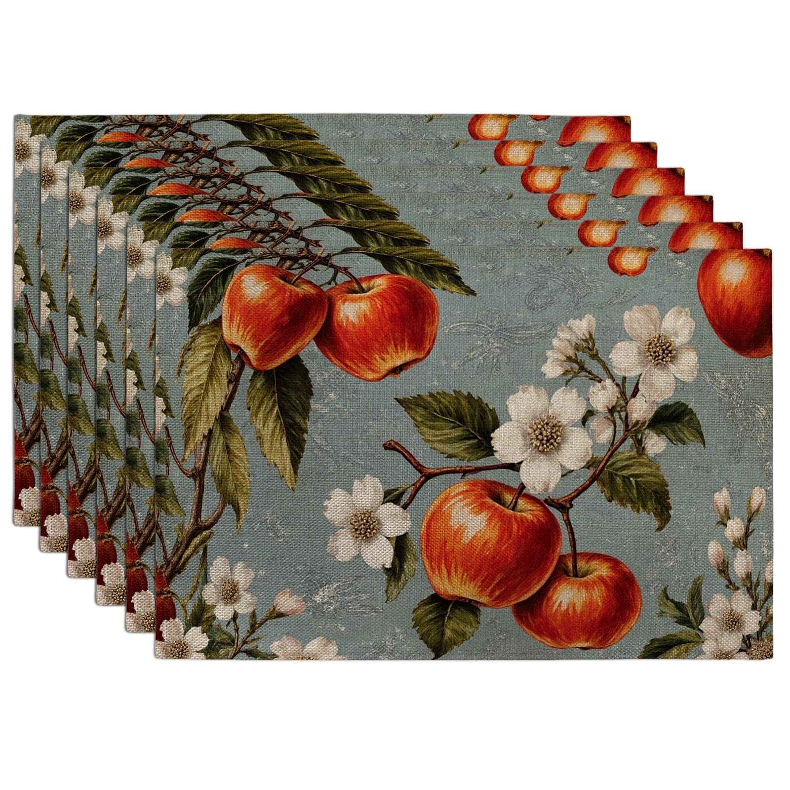 Vintage Floral s Placemats, Blue Botanical Place Mats for Dining Table, Seasonal Non-Slip Washable Indoor Outdoor Kitchen Party Decorative Placemat Set of 6