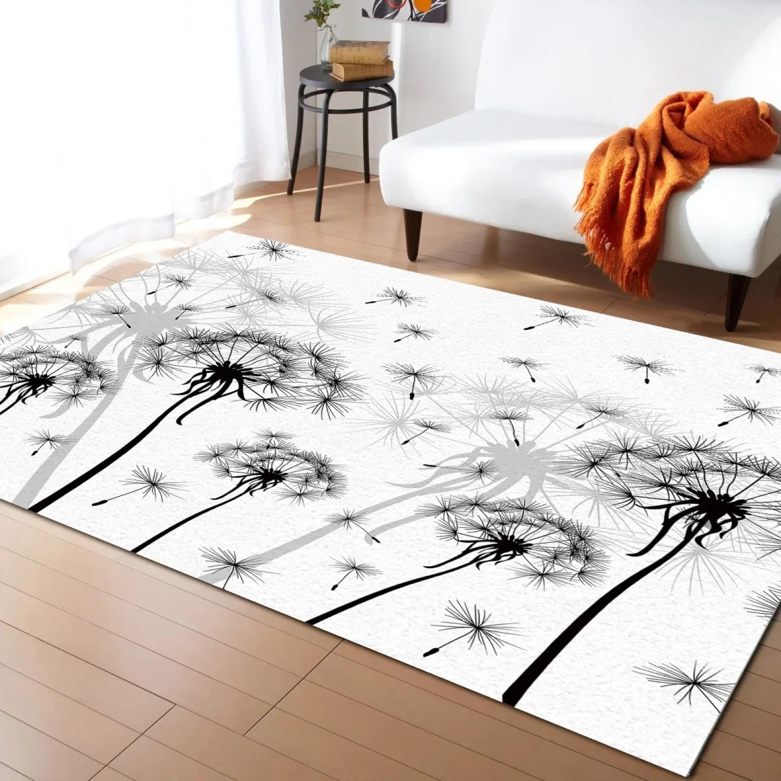 Tapis de chevet pissenlit 3D noir et blanc douceur chambre