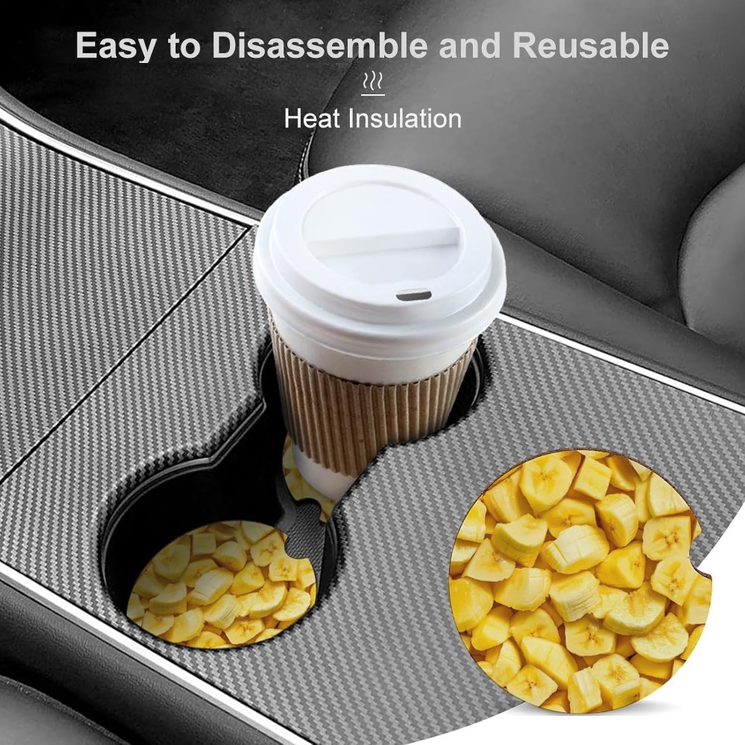 Banana Pieces Cute Car Coasters 2.56 Inch Absorbent Cup Holder for Drinks Auto Interior Accessories