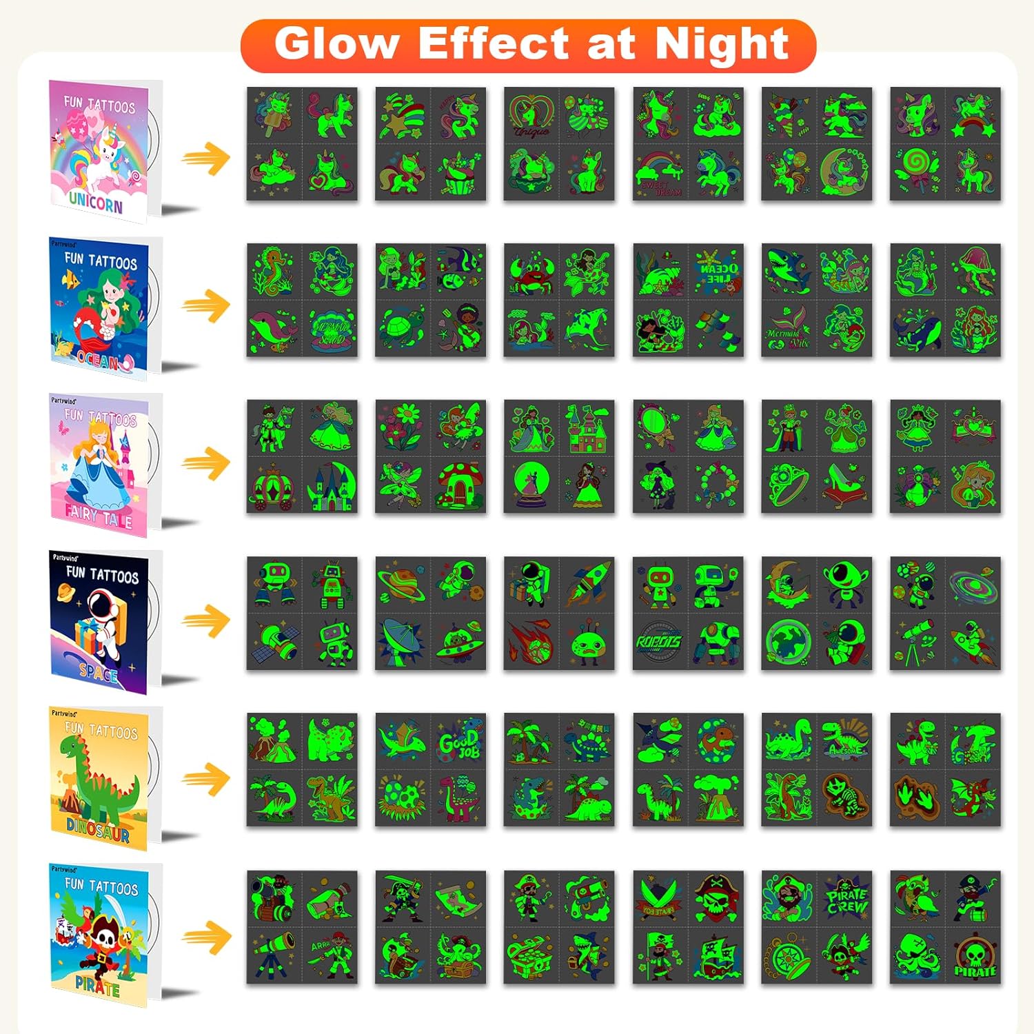 576PCS Glow Temporary Tattoos for Kids, 24 Pack Party Favors with Luminous Tattoos & 48 Maze Games, Mixed Tattoo Styles for Boys and Girls, Kids Birthday Goodie Bag Stuffers