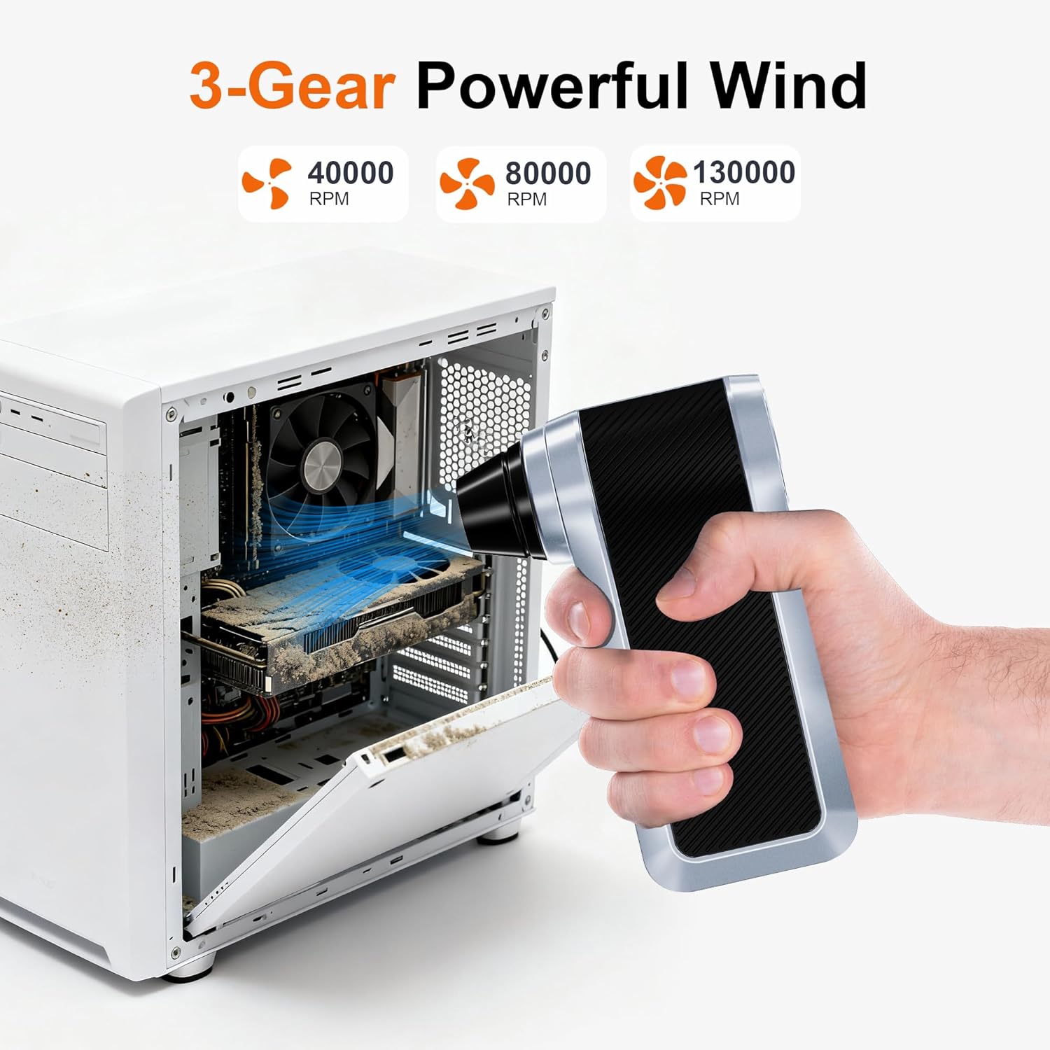 Electric Air Duster-130000RPM Compressed Air Duster with Brushless Motor,3-Gear Speeds - Snow Blower, 4pcs Nozzles - Air Duster for Keyboard,Car,PC,Home,Outdoor,Snow and Leaves Cleaning - Image 3