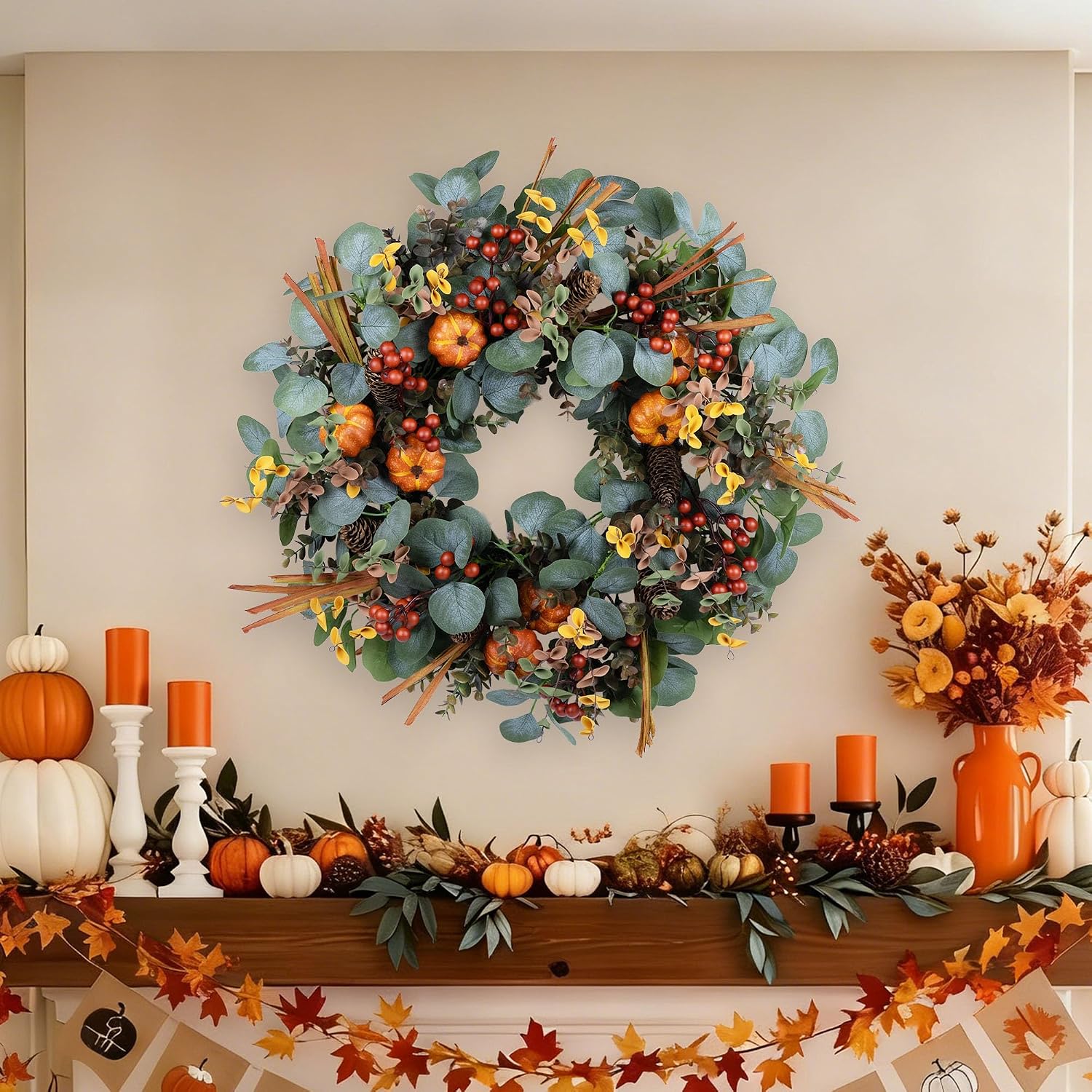24" Eucalyptus Fall Wreath with Pumpkin Foliage for Farmhouse Autumn Door