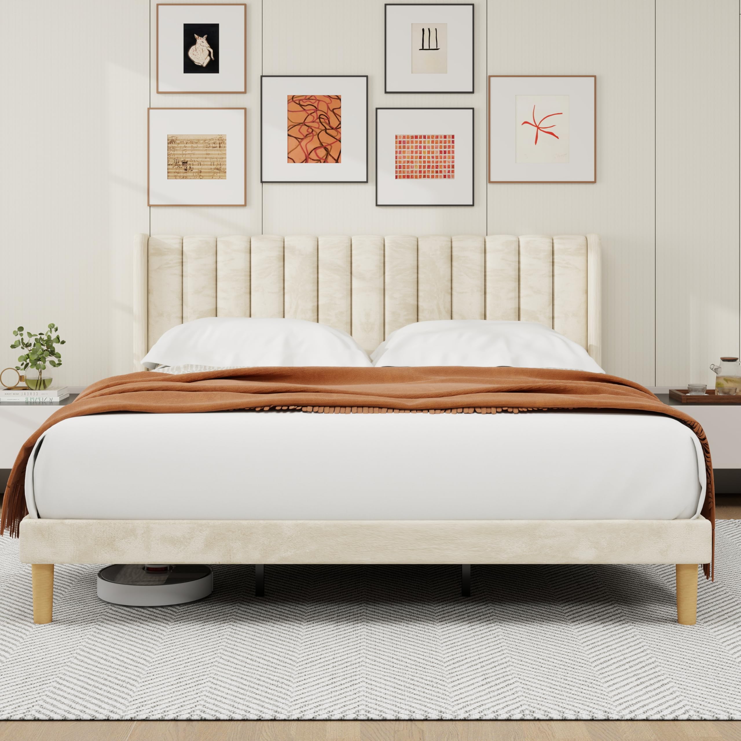 Photo 1 of alazyhome Platform Bed Frame King Size with Upholstered Headboard, Solid Wood Slats Support, No Box Spring Needed, Noise Free, Easy Assembly, Modern Velvet Bed, Beige
