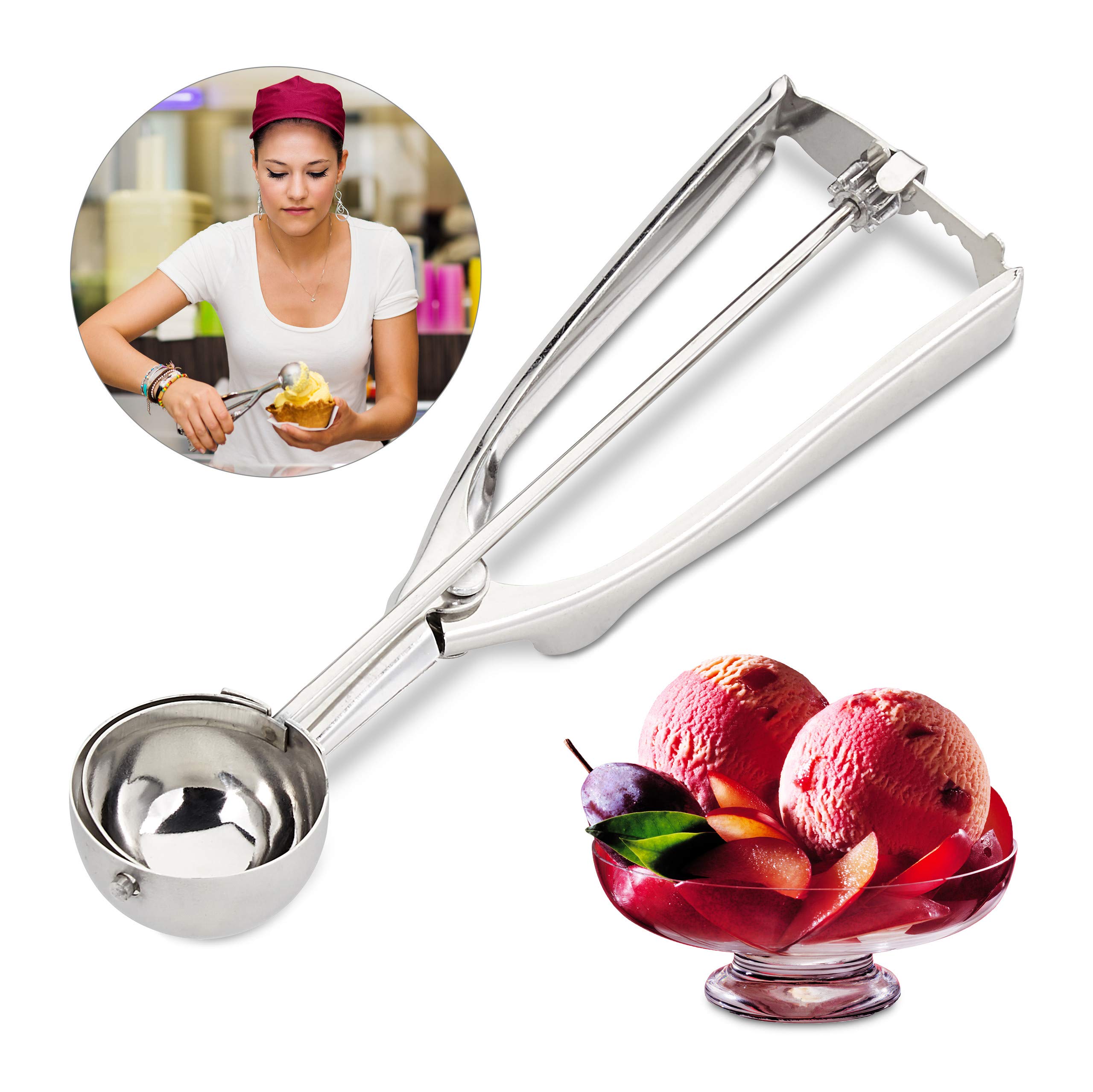 Relaxdays Cuchara Helado con Disparador para Bolas de Helado, Fruta y Masa de Galletas, Acero inoxidable, Plateado, ∅ 39 mm