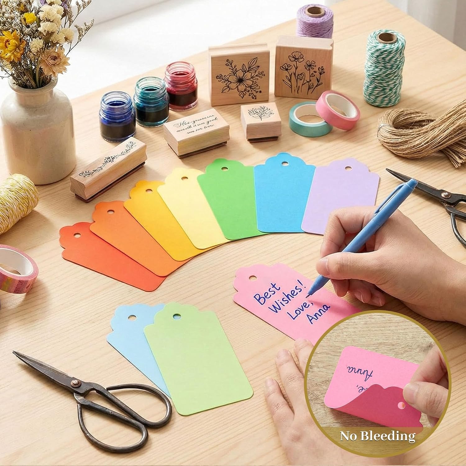 HAKACC 200PCS Colourful Gift Tags with String, Small Paper Tags Decorative Hanging Labels 10 Assorted Colours for Gift Box Wedding Name Tags