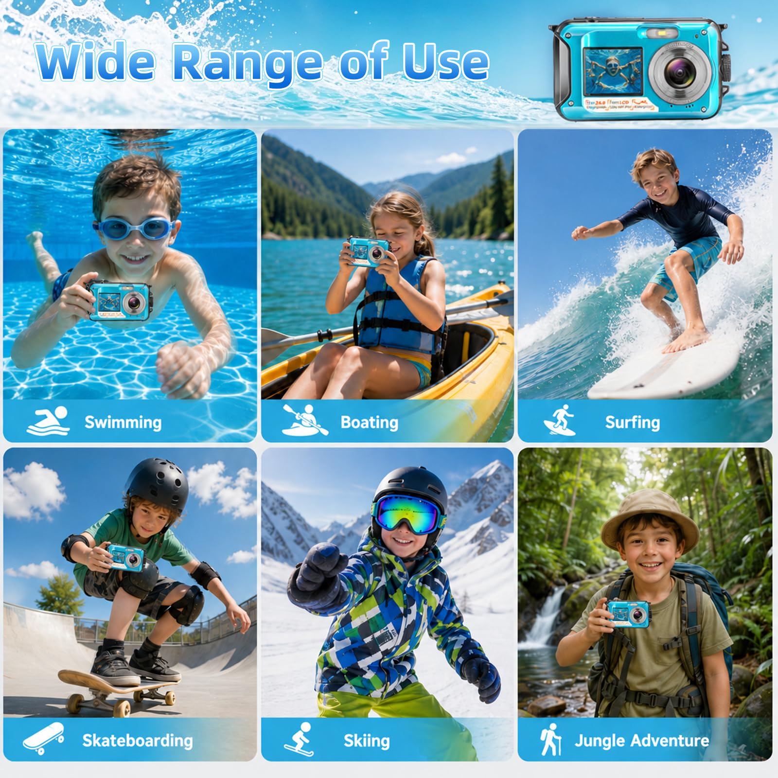 Fotocamera Digitale Impermeabile, Action Camera Subacquea HD 2.7K 48MP con Doppio Schermo per Snorkeling 3M per Nuotare, Zoom Digitale 16X Anti-Shake, Blu