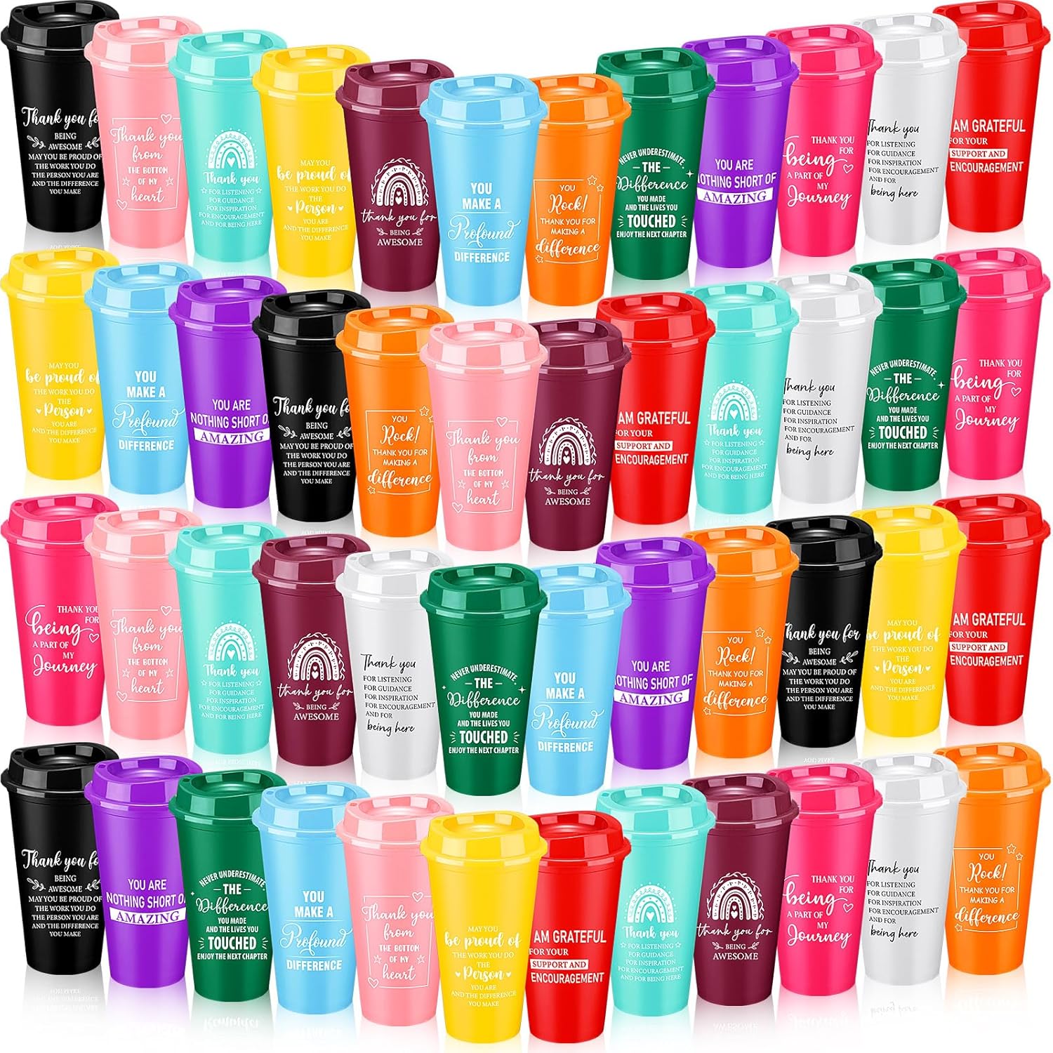 Skylety 48 Pcs Thank You Gifts 16 oz Coffee Cups Bulk Employee Appreciation Gift Inspirational Tumbler with Lid Reusable Plastic Coffee Cup for Coworker Staff Women Teacher (Classic Colors)