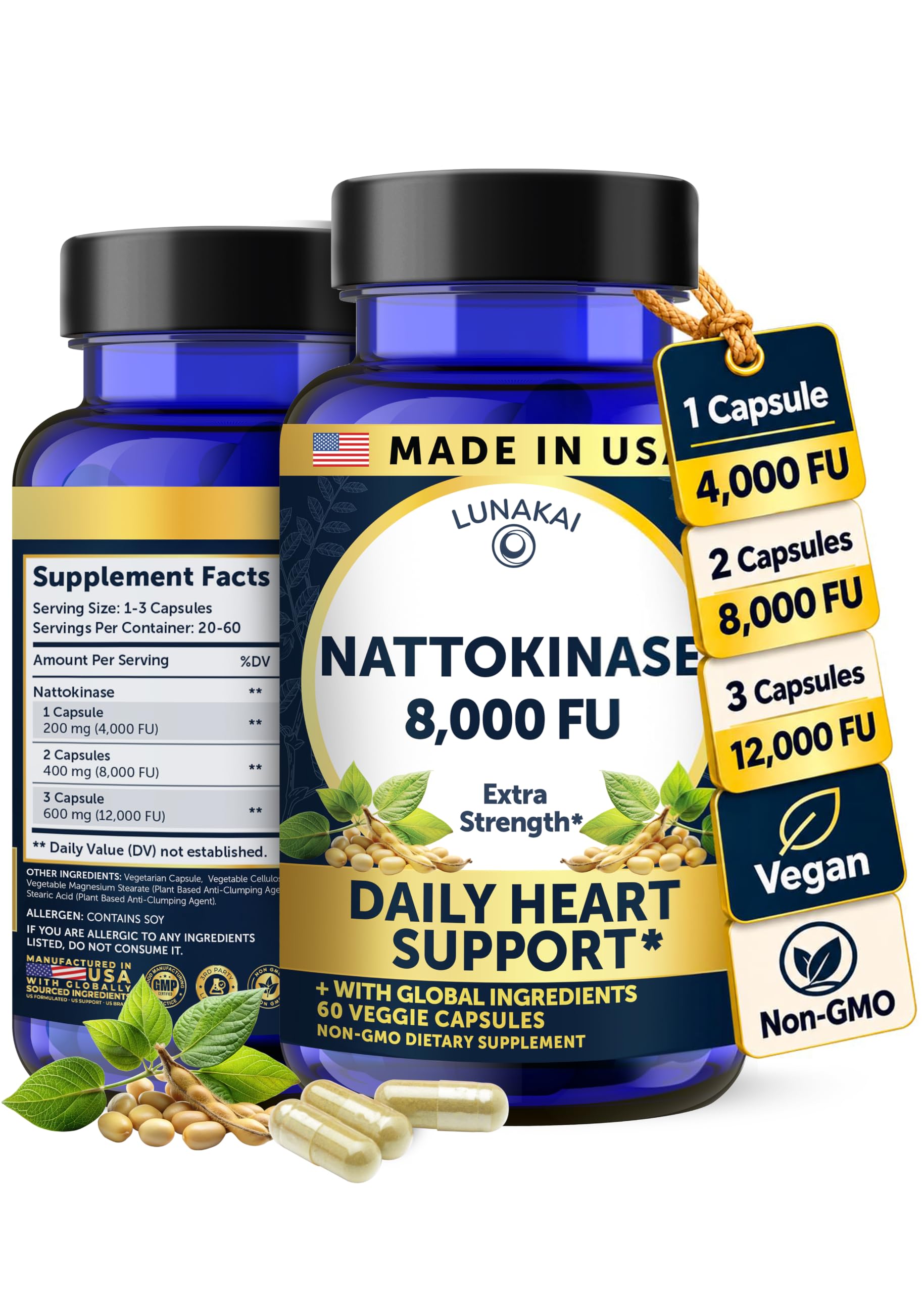 Lunakai USA Made Nattokinase Supplement – 400mg Natto Enzyme, 60ct