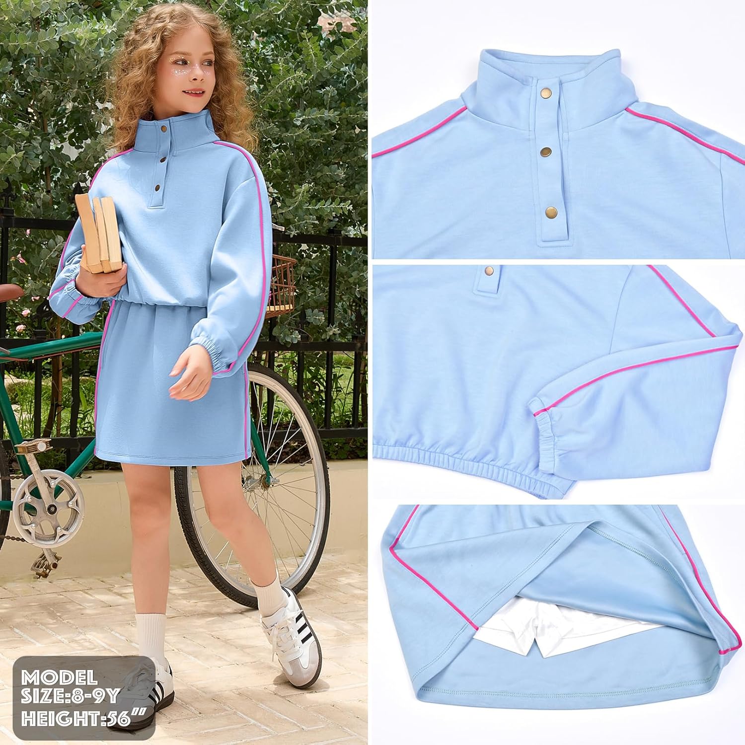 Mirawise Girls Sweatsuit 2 Piece Long Sleeve Sweatshirt and Skorts Tracksuit Pocketed Activewear Skort Sets for 4-13Y - Image 5