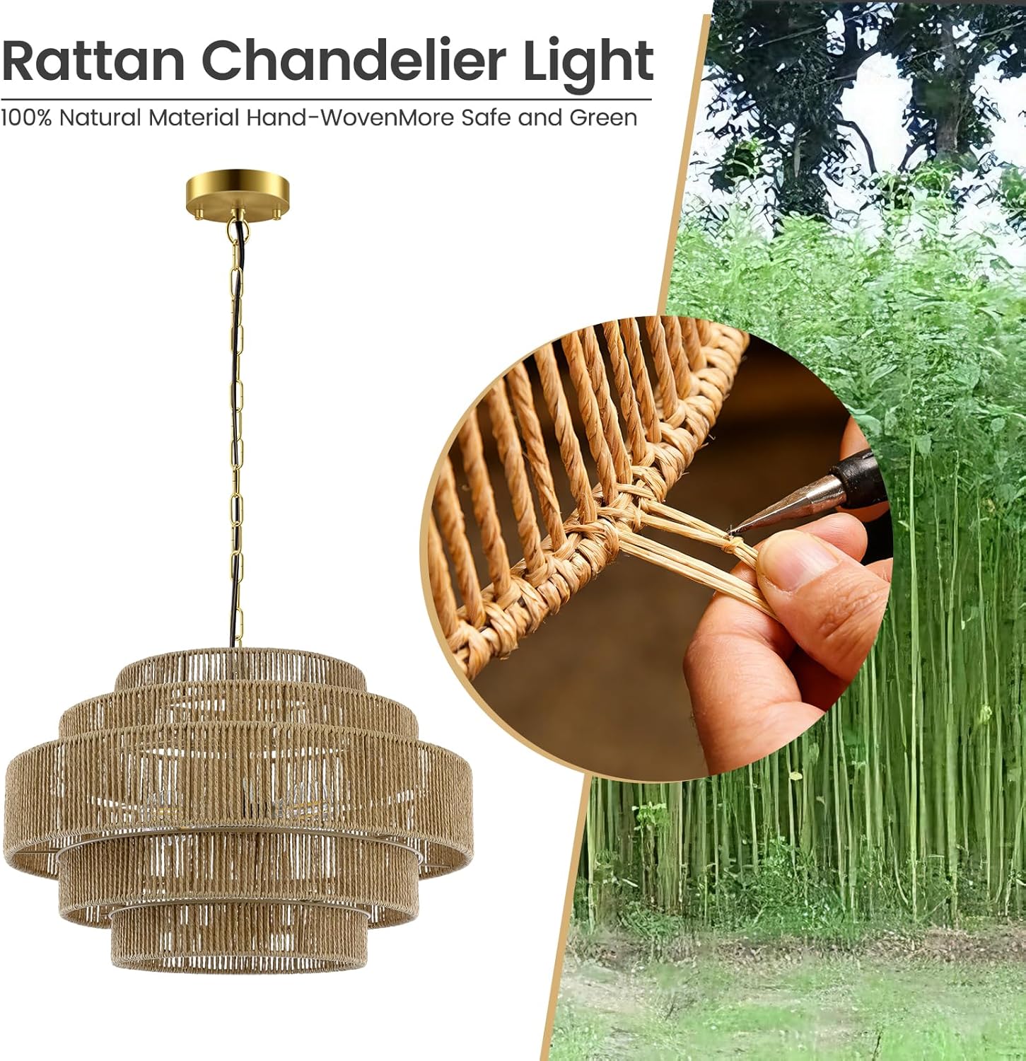 BoostArea 5-Tier Boho Chandelier Light Fixture,20" Hand Woven Pendant Lights Kitchen Island,Large Farmhouse Pendant Light for Kitchen,Dining Room,Hallway, Foyer