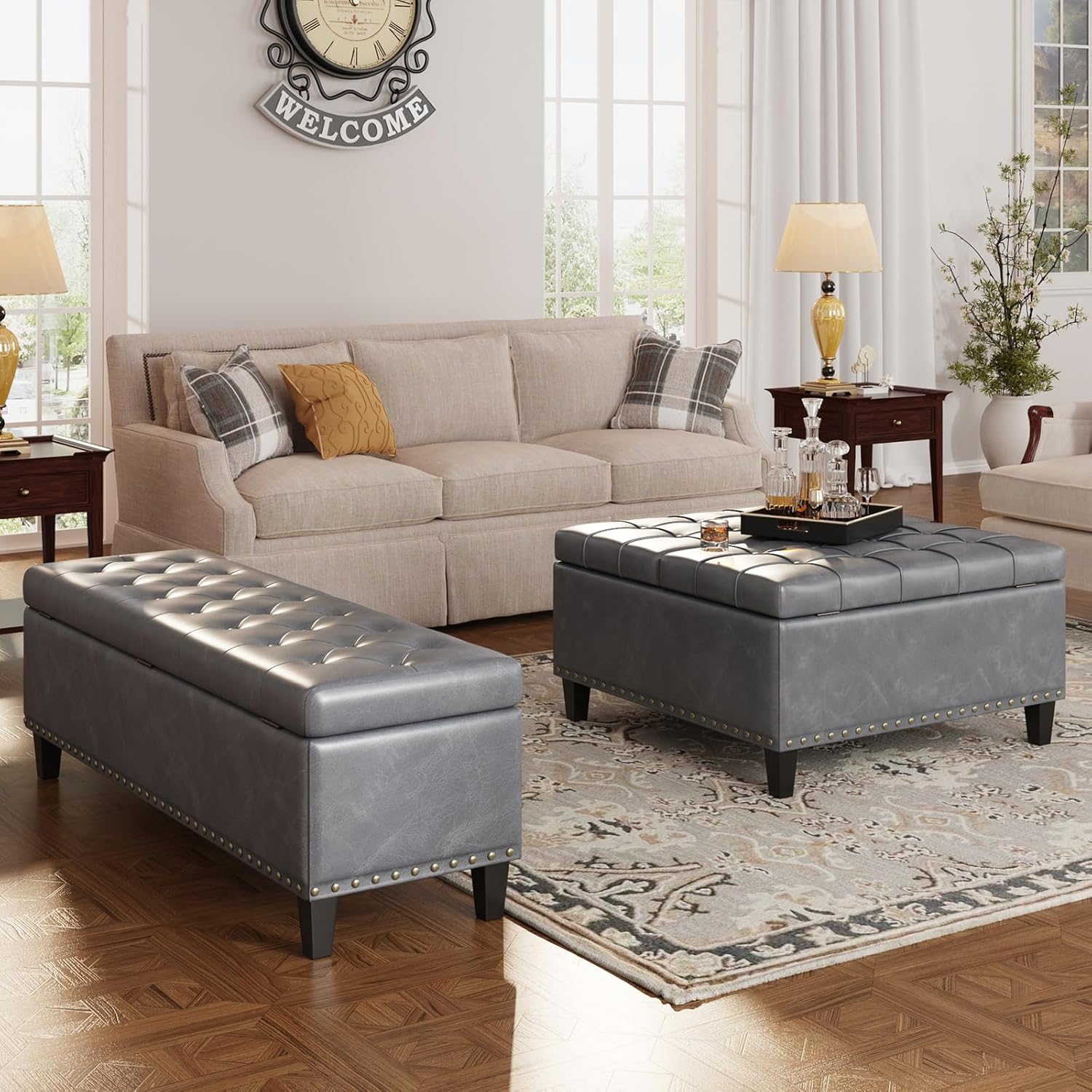 Square Leather Ottoman with Storage, Faux Leather Coffee Table with Lift Top,Large Upholstered Footrest Stool Toy Box Storage Bench for Bedroom Living Room, Grey