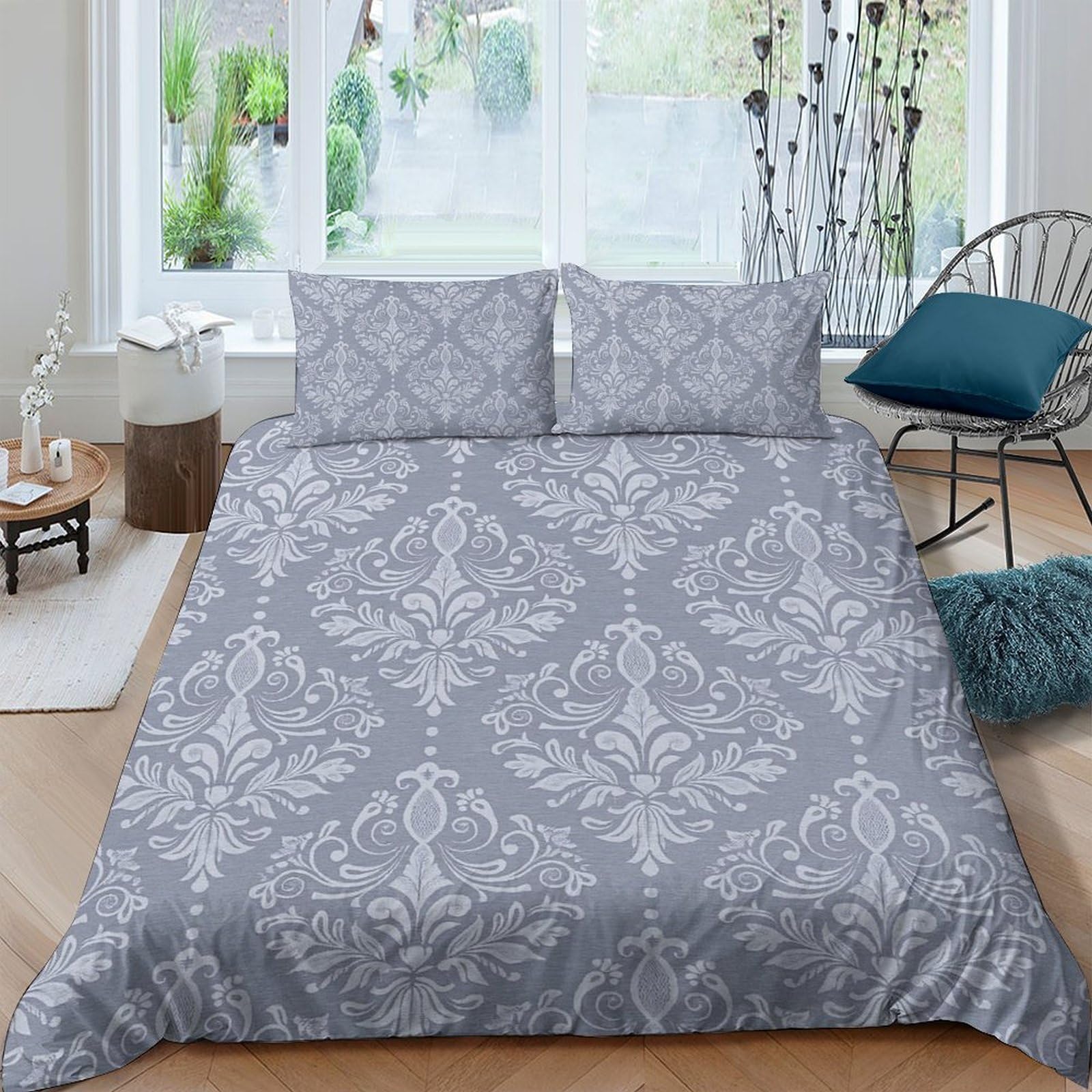 TUFRTGYHN 3D Printed Grey Damask Duvet Cover Microfiber Soft Breathable Baroque Pattern Bedding Set with 2 Pillowcases for Bedroom Decor Single（135x200cm）