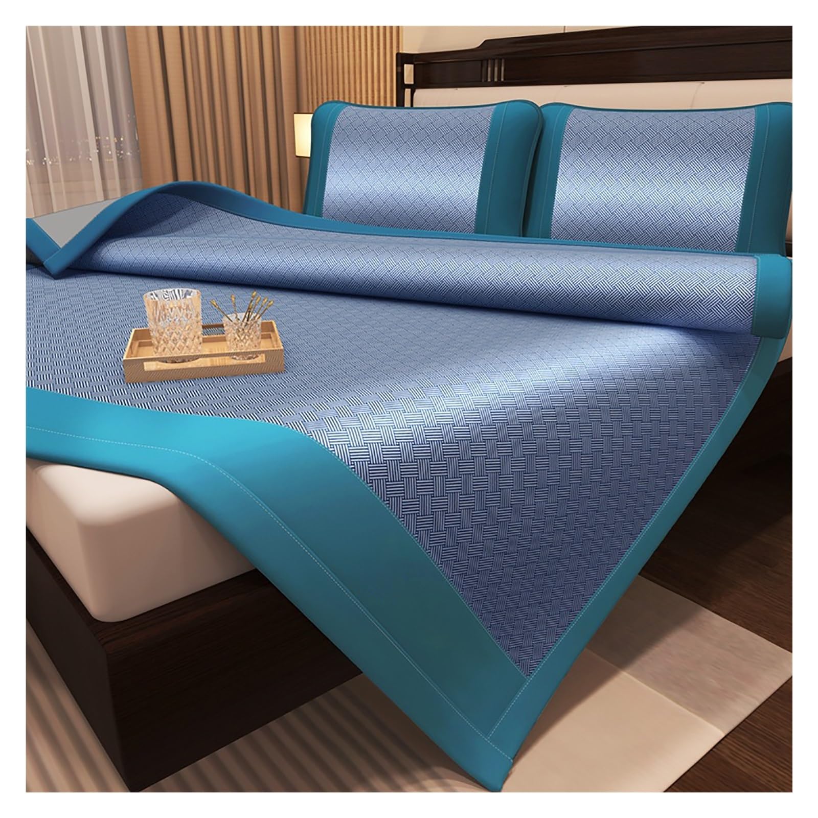 EGZASDI Summer Bamboo Mat Bed, Ice Silk Cooling Sleeping Mat Breathable Multicolor Multiple Sizes With 2 Pillowcases(Blue,150 * 200cm)