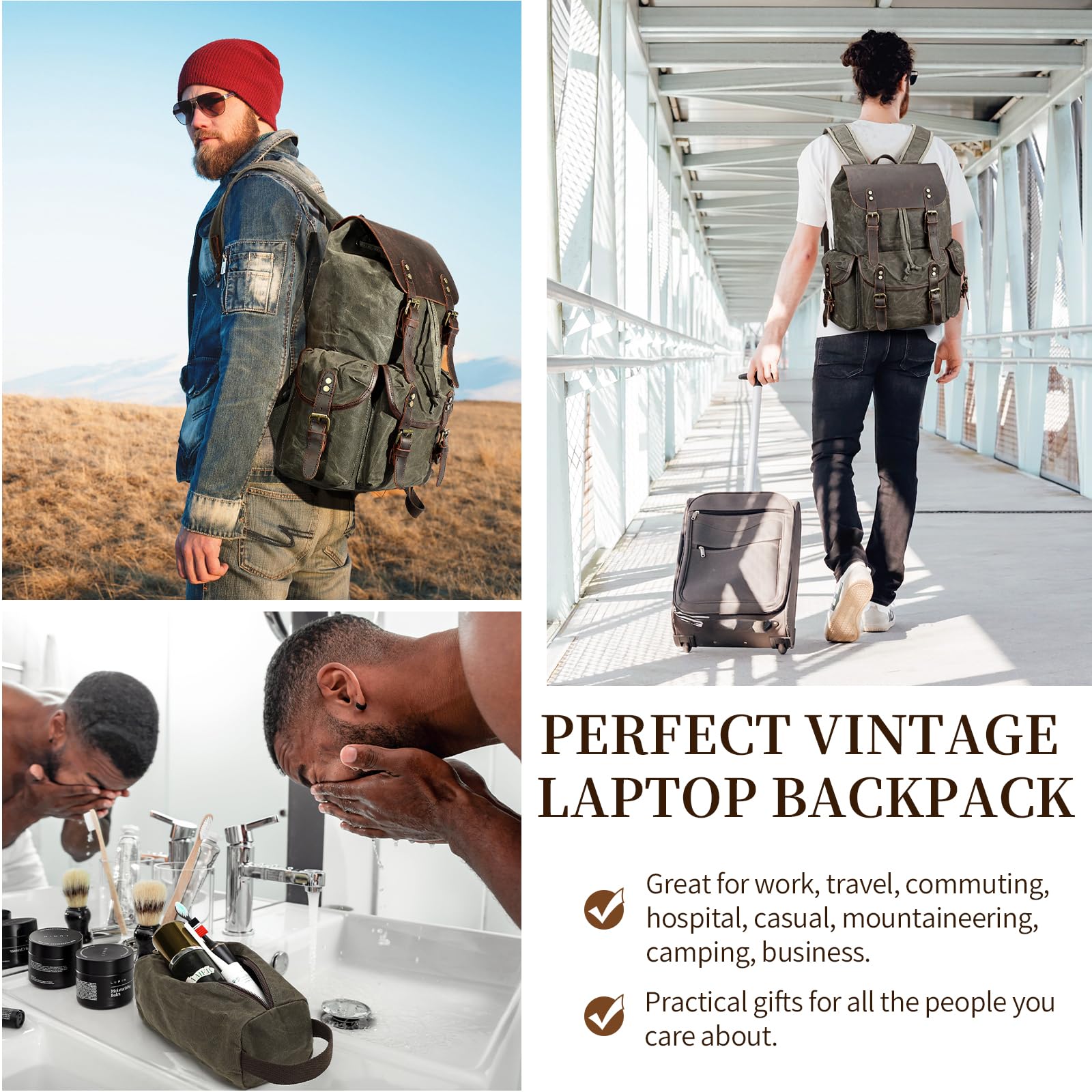 Wogarl Zaino vintage in pelle e tela, zaino a tracolla in tela cerata con articoli da toeletta per viaggi, campeggio, escursionismo, università d'affari, adatto per laptop da 17", verde, Verde