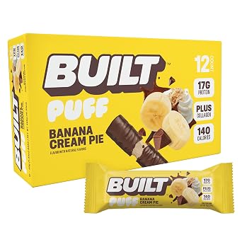 BUILT Bar Puff Protein Bars - Banana Cream Pie - 17g Protein Snack Bars with Collagen - Calorie Conscious & Gluten Free - 12 Count