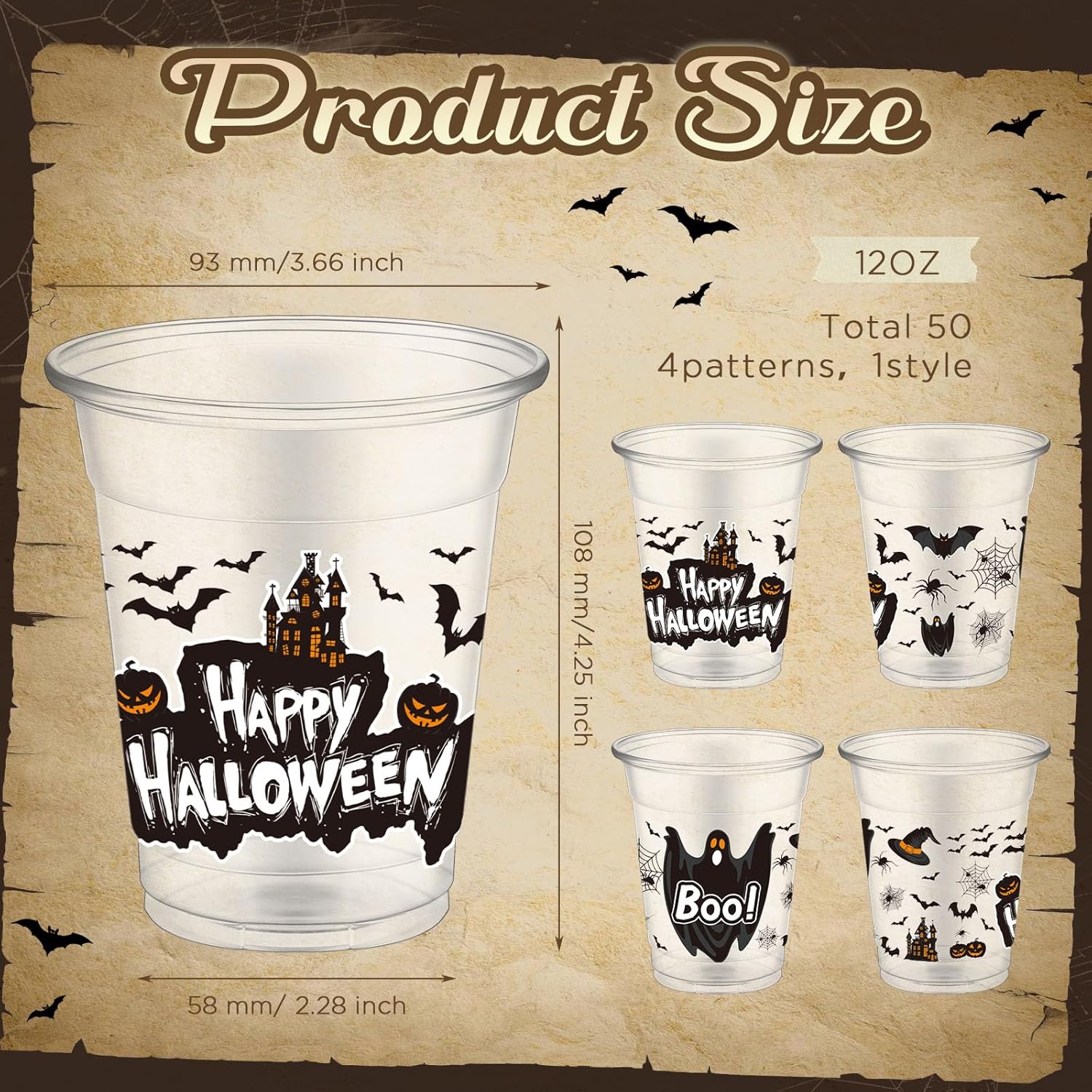 50 Pcs Halloween Cups 12 oz Plastic Cups for Halloween Clear Ghost Bat Glasses for Cold Beer Beverage Ice Cream Snacks Theme Party Supplies Decoration - Image 2