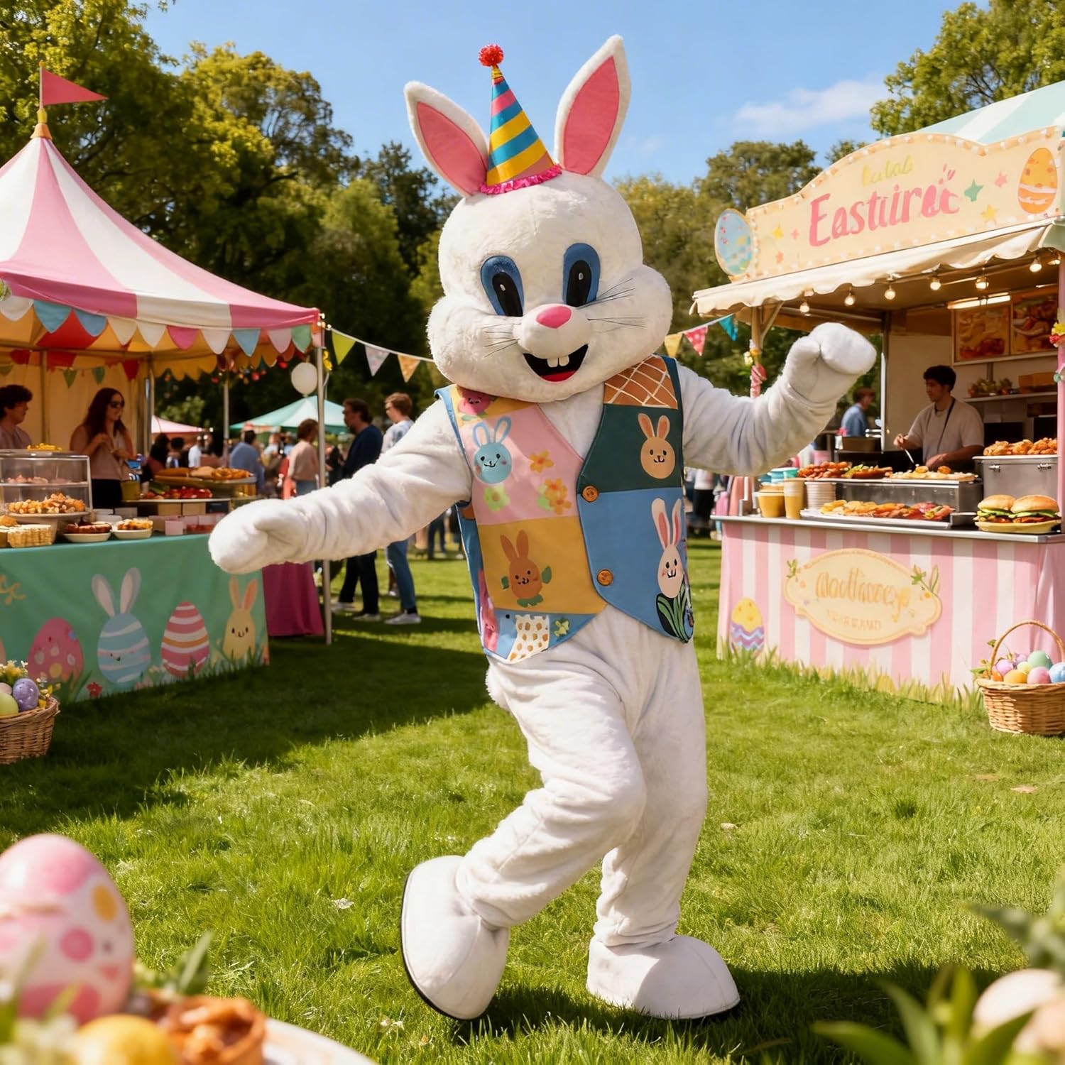 Easter Bunny Mascot Costume Blue Vest Unisex Deluxe Rabbit Costume Party Adult Size Fancy Dress