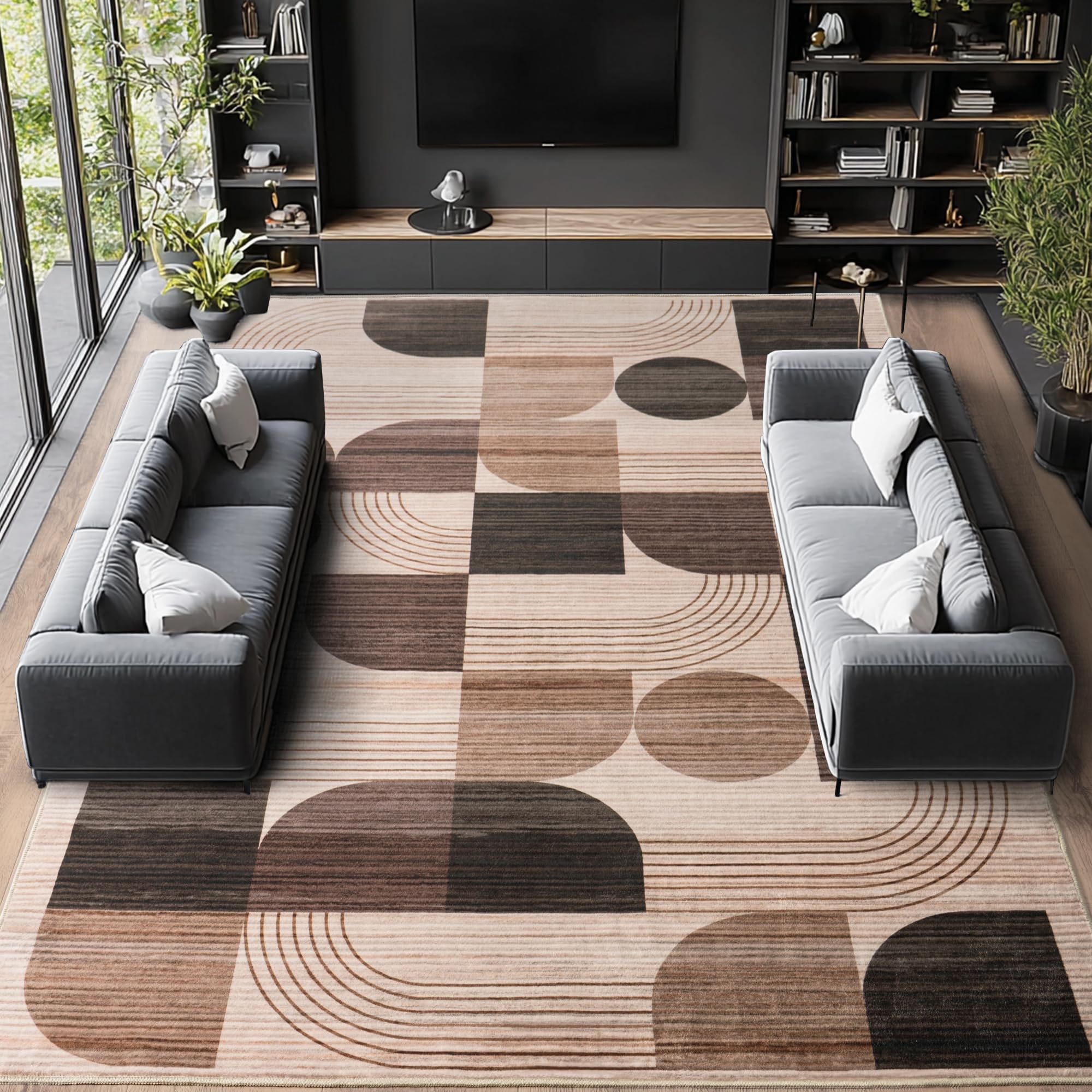 Tappeto per soggiorno, moderno motivo astratto, tappeto per soggiorno, cioccolato, 200 x 230 cm, a pelo corto, per soggiorno, lavabile, grande tappeto di lana per camera da letto, ufficio