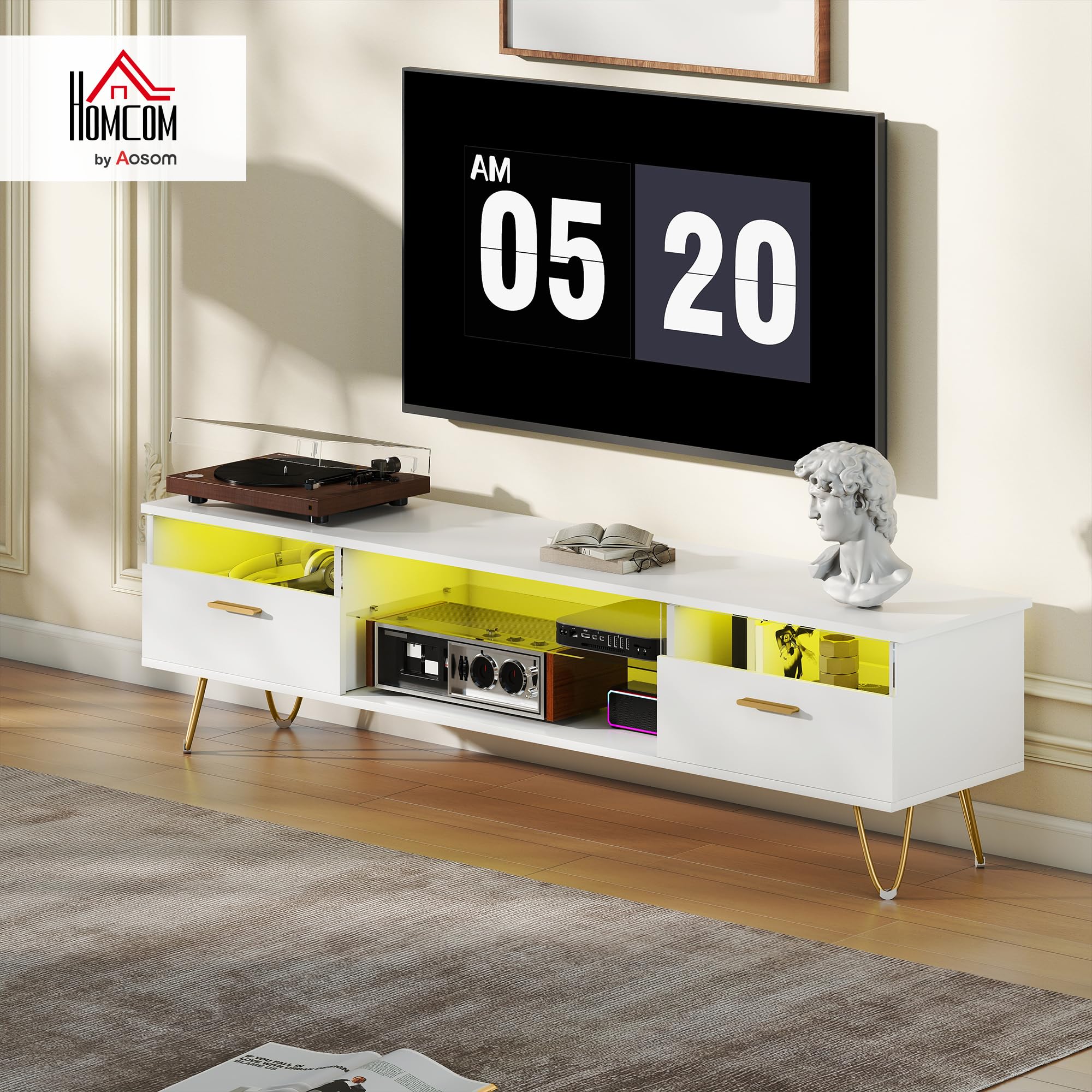 HOMCOM Meuble TV LED RGB 16 Couleurs 42 à 120 Pouces 160x35x42cm Blanc