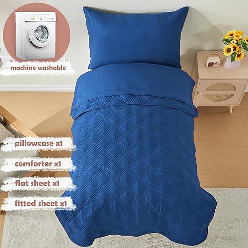Miniatura 3 de Juego de ropa de cama de 4 piezas para niños y niñas, color azul marino, con costuras geométricas de microfibra suave, juego de edredón acolchado