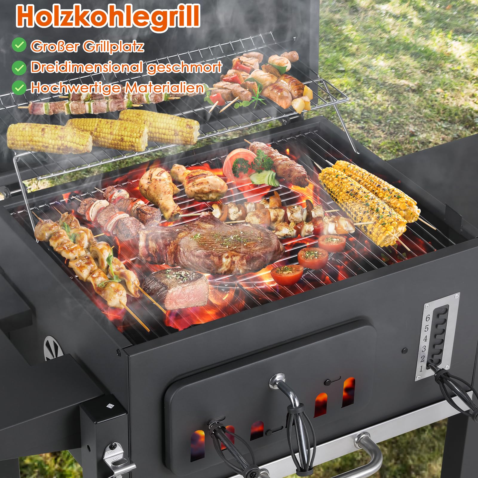 TLSUNNY Parrilla Barbacoa Carbon con Tapa, Barbacoas de Carbon XXL, Parrilla de Carbón Vegetal con Termómetro, Abrebotellas, Ruedas, BBQ Smoker en Jardín y Exteriores, Gran Capacidad, Portatil, Negro