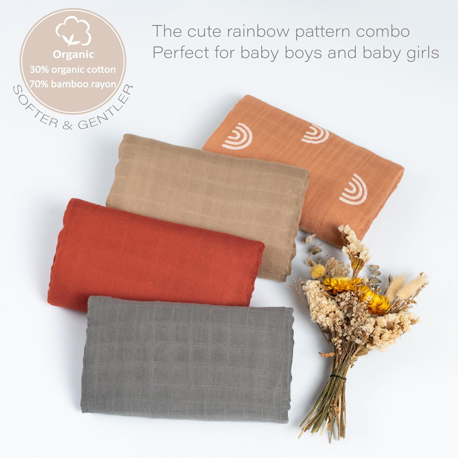 Meracorallo Muslin Swaddle Blanket, 4 Pack Rainbow Receiving Blankets Neutral Silky Soft Swaddle Wrap for Baby Boys and Girls, 47 x 47 inches