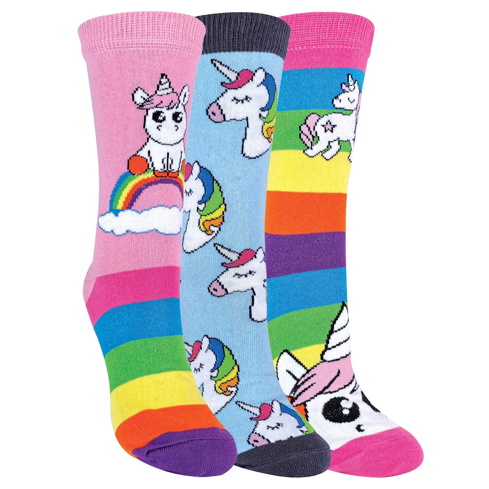 Sock Snob Women's Rainbow Striped Unicorn Socks For | Novelty Cotton Rich Socks | Pack Of 3 (4-7, Unicorn)