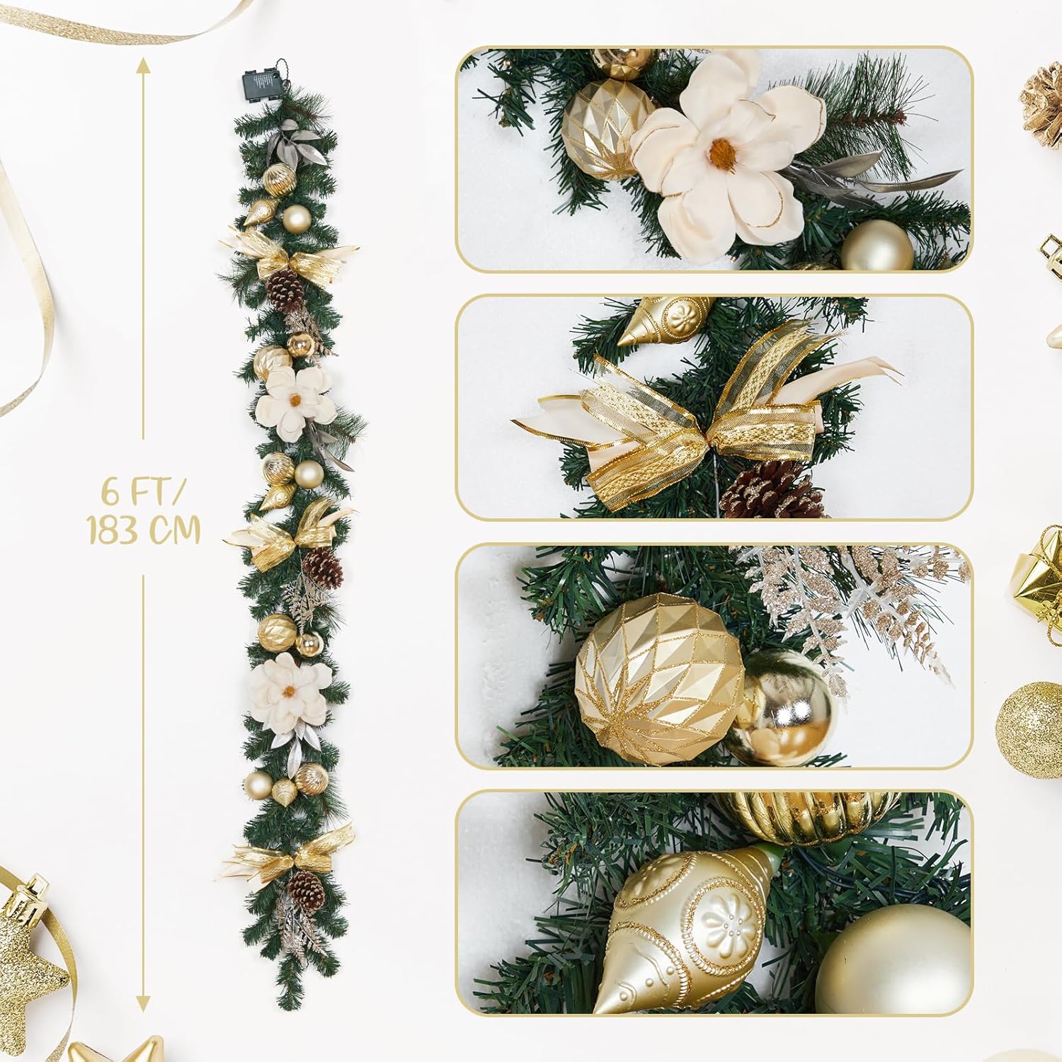 6ft Christmas Garland with Lights, Prelit Outdoor Christmas Garland with Timer 20 LED Lights Pine Cones Gold Ball Ornaments Bow for Mantle Fireplace Stairs Railing Indoor Decorations, Battery Operated - Image 2