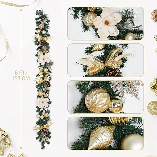 Miniatura 2 de Guirnalda de Navidad preiluminada de 6 pies con 20 luces LED, guirnaldas de magnolia dorada de lujo con cinta, adornos de bolas, conos de pino,