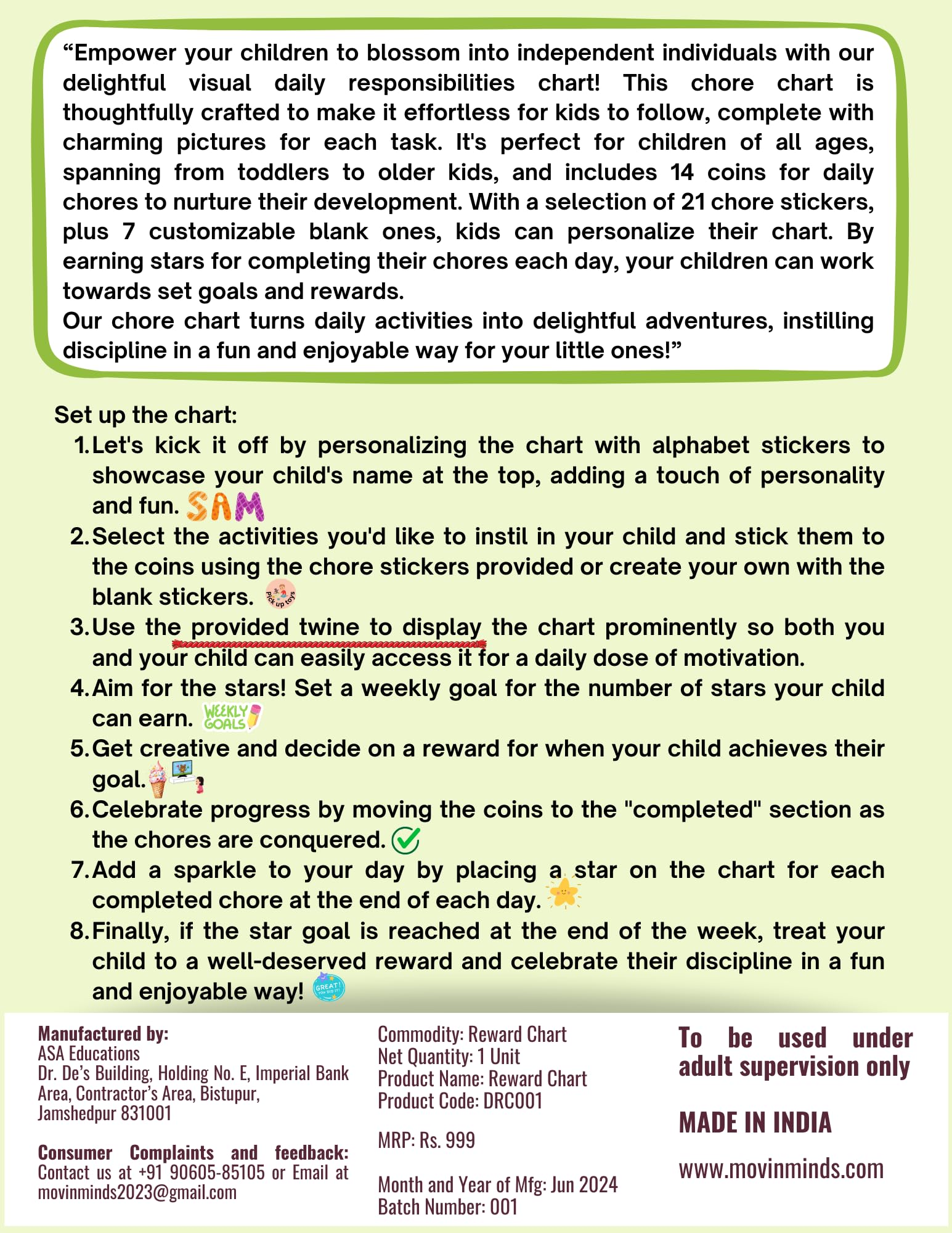 MOVIN' MINDS Personalized Reward Chart | Weekly Planner and Motivation Chart | Set Goals and Rewards | Ages 2 to 13 (Pack of 1) - Image 3 thumbnail