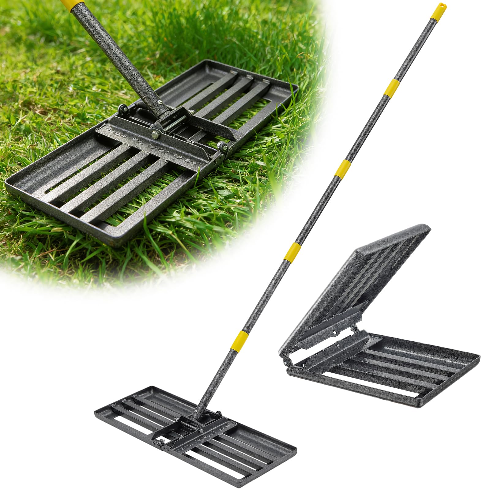 Rasenrechen 183cm, klappbarer Nivellierrechen Metall mit 68x25cm Kopf für Rasenplanierung, Erdboden Verteilen & Unkraut Entfernen, Multifunktions-Gartengerät für Rasenpflege, platzsparend