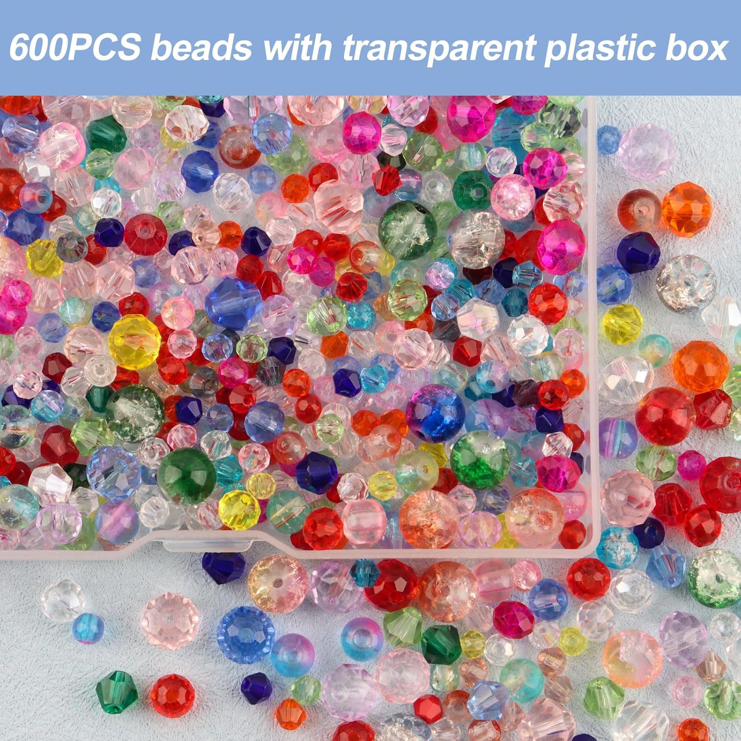 Pack of 600 Glass Beads for Threading, 4/6/8 mm Colourful Orbicular Crackle and Colourful Faceted Glass Beads with Hole, Glitter Beads for Threading, Sparkling Beads, Crystal Colourful Glass Beads for