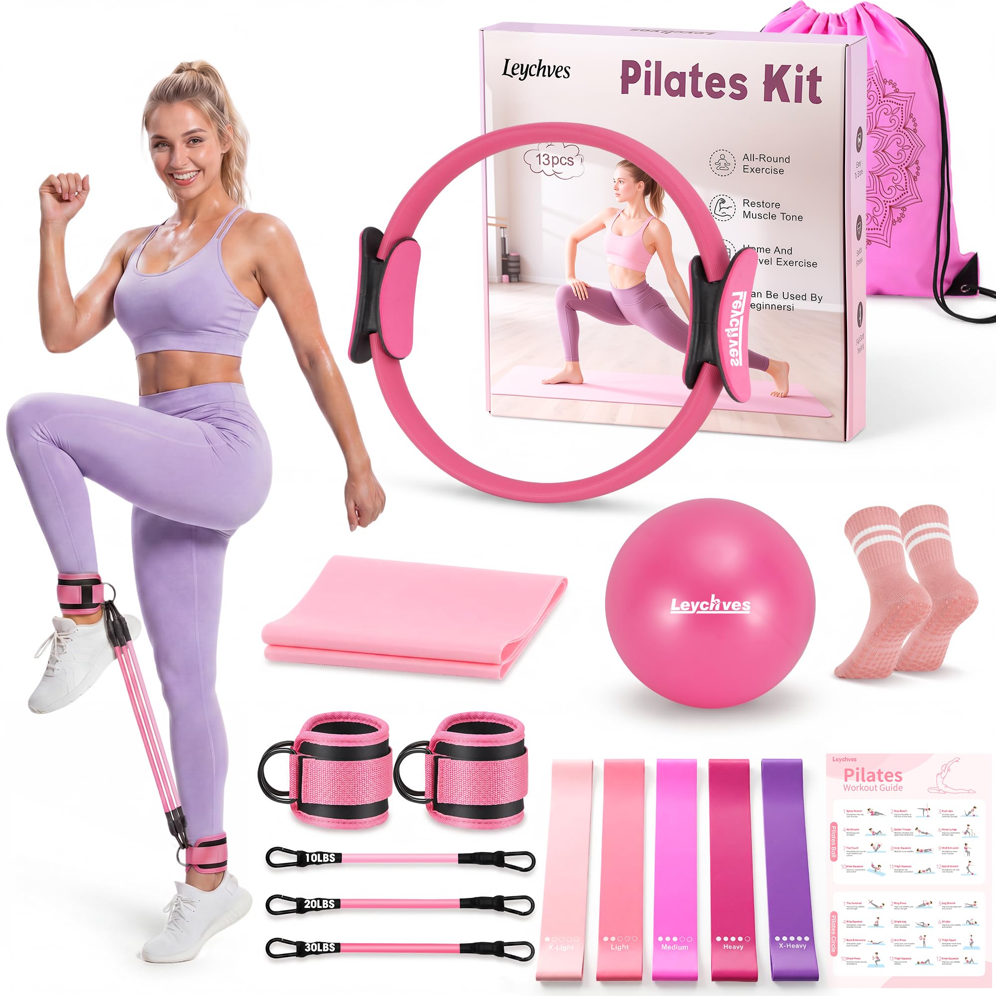 Pilates Essentials Kit for Women, 14 Inch Magic Circle Home Pilates Equipment, Pilates Ring and Ball Set, 5 Resistance Bands and Accessories for Home Workout Beginners Starter Basic Starter Set