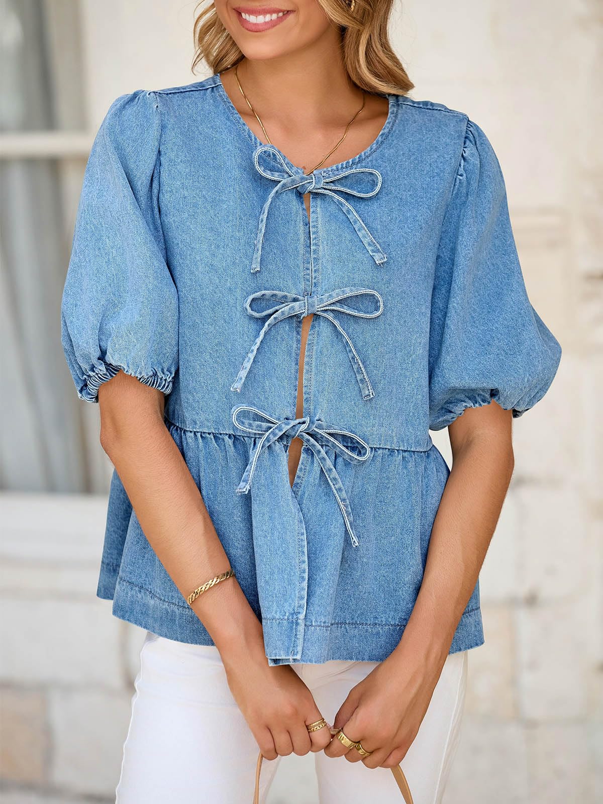 Tankaneo Camicette da donna in denim con nodo frontale, con peplo e maniche a sbuffo, girocollo, estive, casual, con fiocco