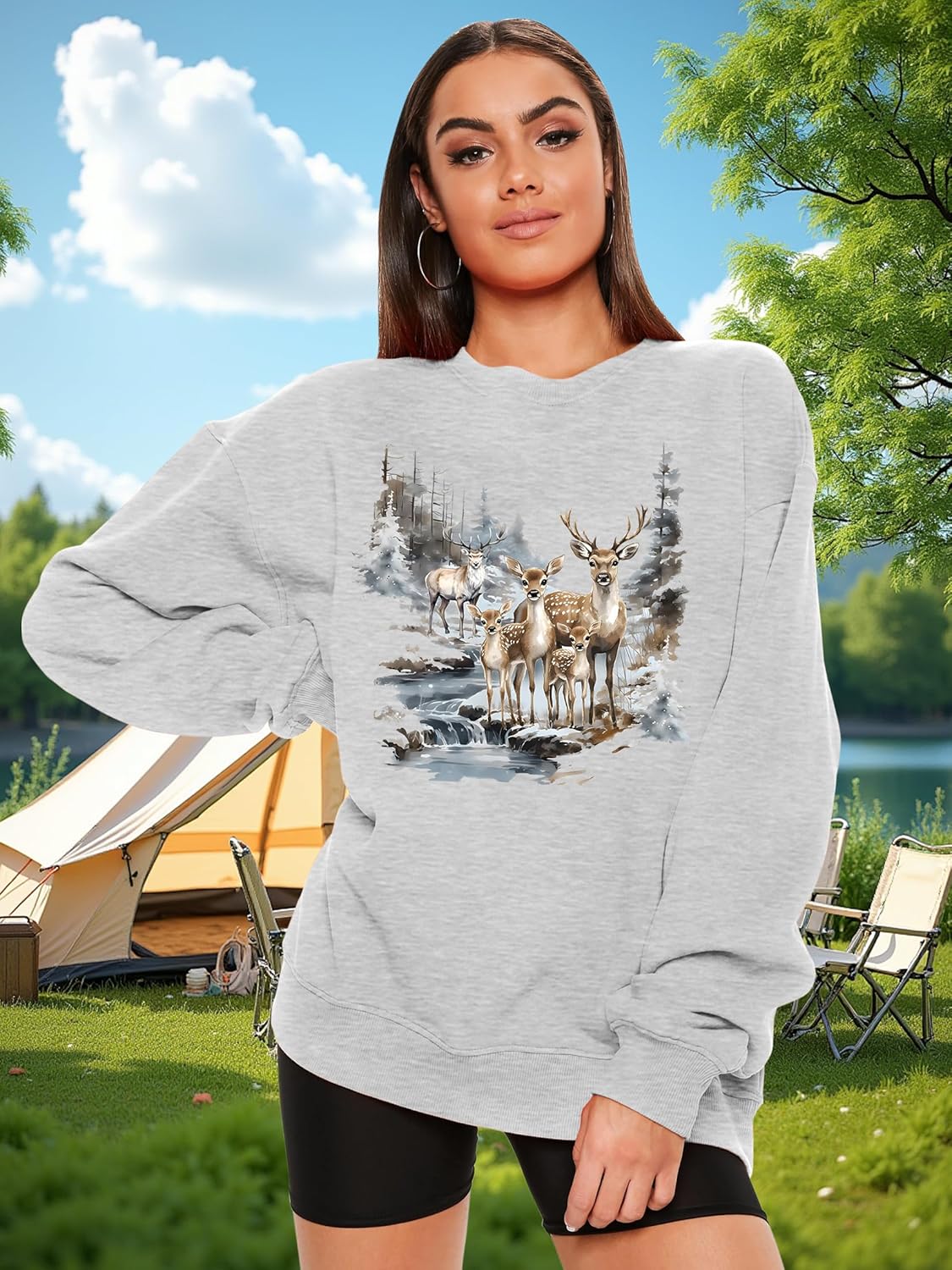NEWWEN Deer Wilderness Scene Vintage Sweatshirt Women Oversized Nature Camp Shirt Animal Print Outfits Wildlife Winter Tops