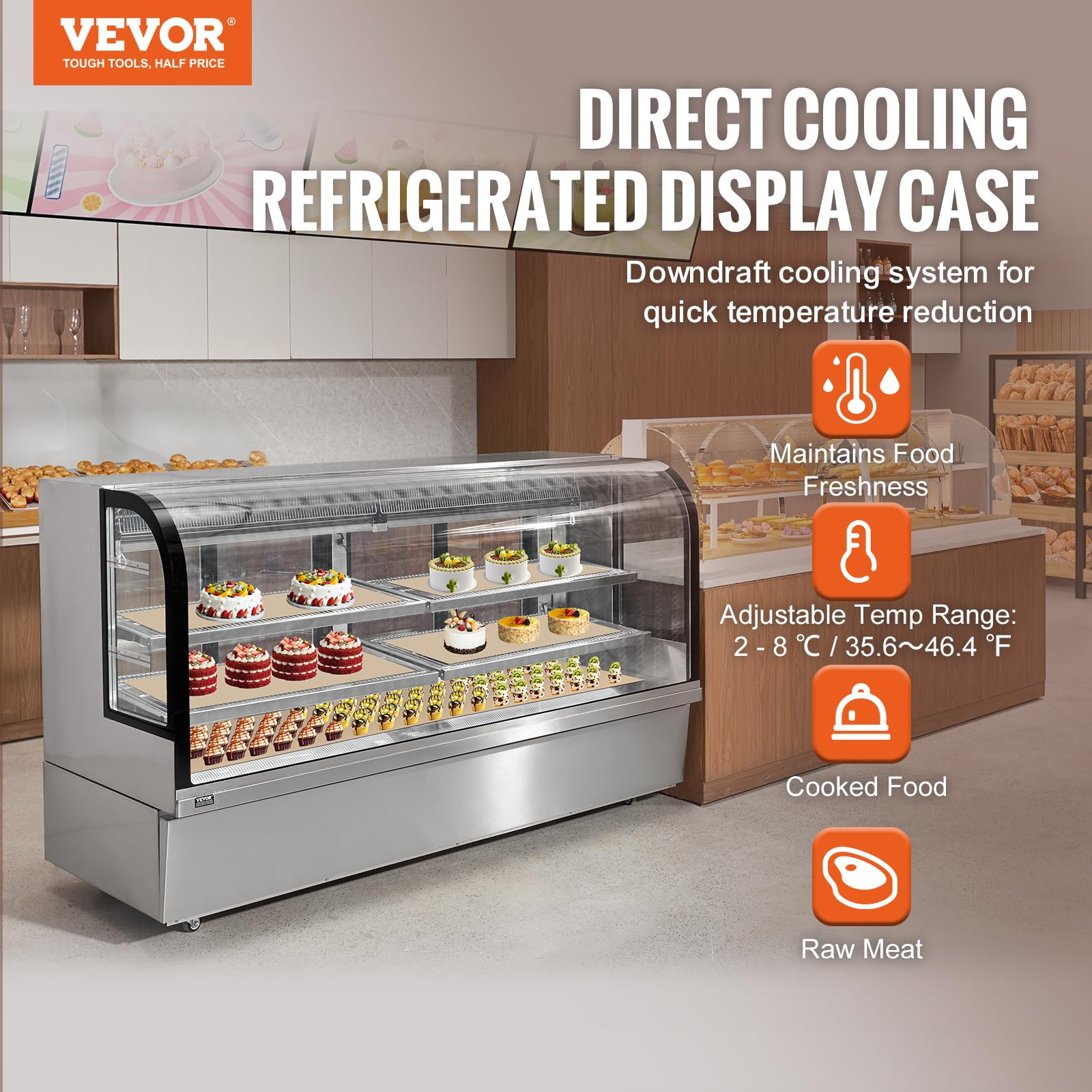 VEVOR Vitrina Refrigerada Vitrina Grande para Repostería de 901 L Refrigerador Comercial de 4 Niveles con Iluminación LED Refrigeración por Corriente Descendente Móvil con Ruedas para Panadería