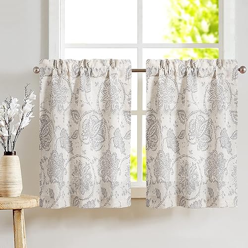 jinchan Cortinas de cocina de 36 pulgadas de largo, con estampado de cachemira y pergaminos, cortinas de lino con medallón jacobeo estampado floral