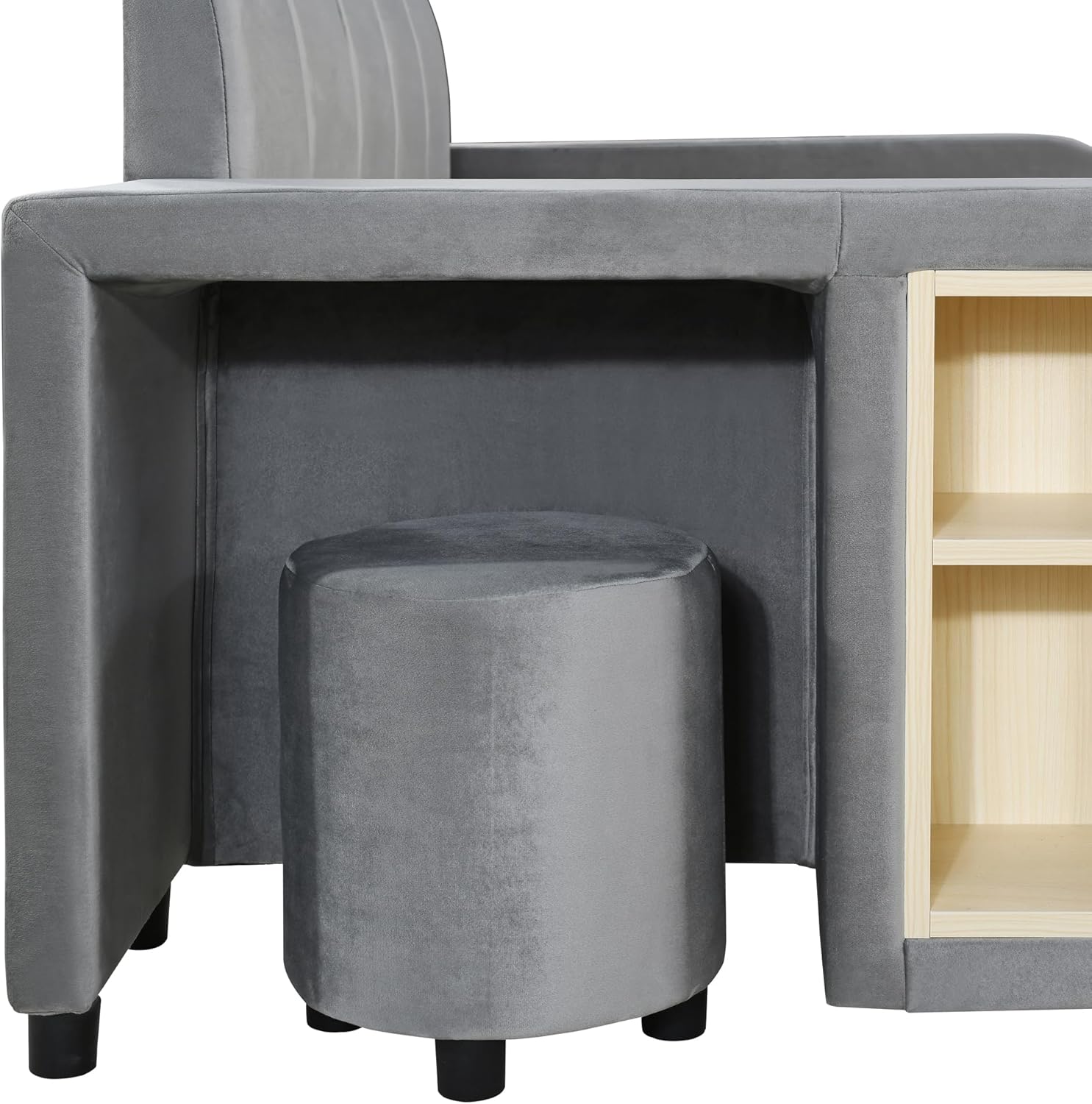 Merax Queen Size Platform Bed, Queen Velvet Upholstered Grounded Bed Frame with Bedside Desk and Little Round Stool, Gray