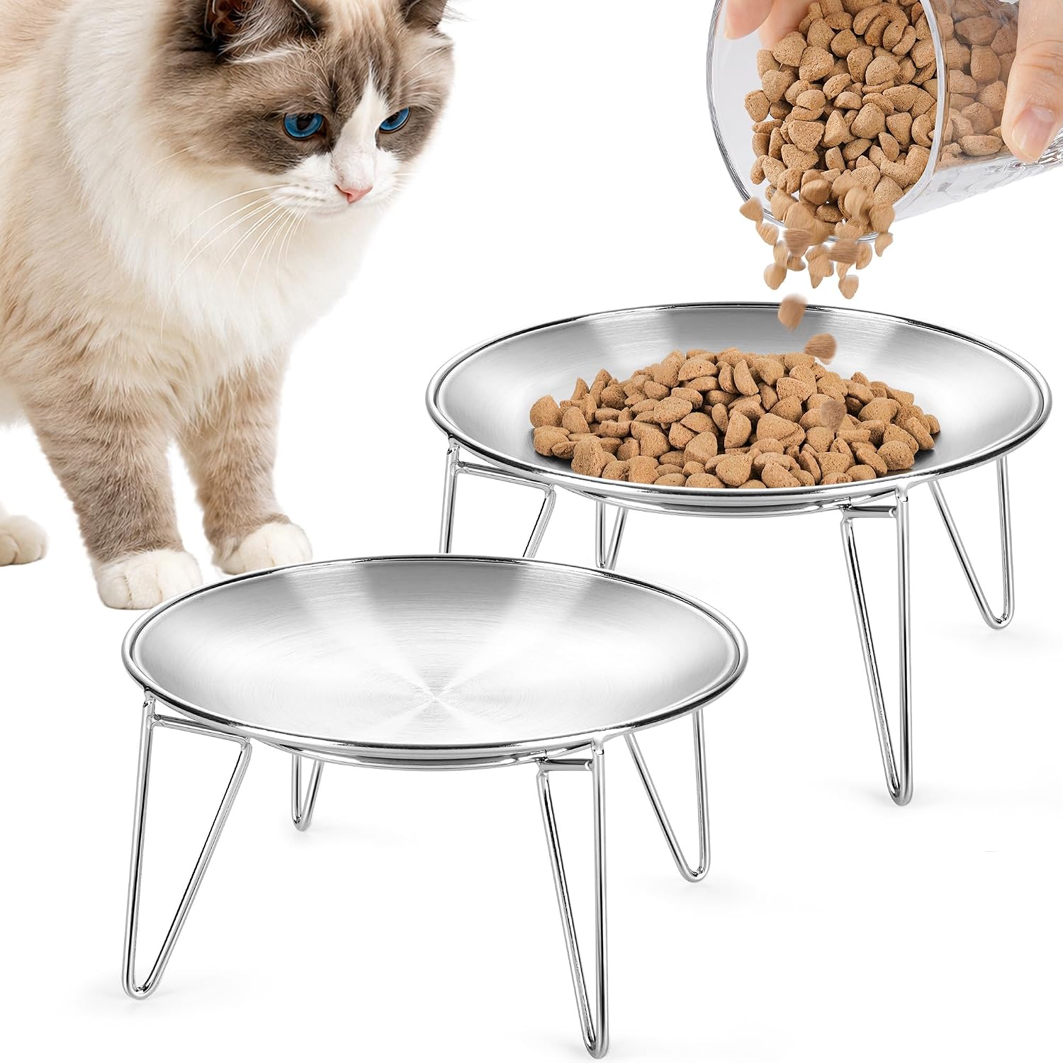 WROSWT Elevated Cat Bowls, 304 Stainless Steel Raised Cat Dishes, Extra Wide Shallow Cat Bowl for Whisker Fatigue Relief & Flat-Faced Breeds, Anti-Vomiting Kitten Feeder with Detachable Stands, 2 Set