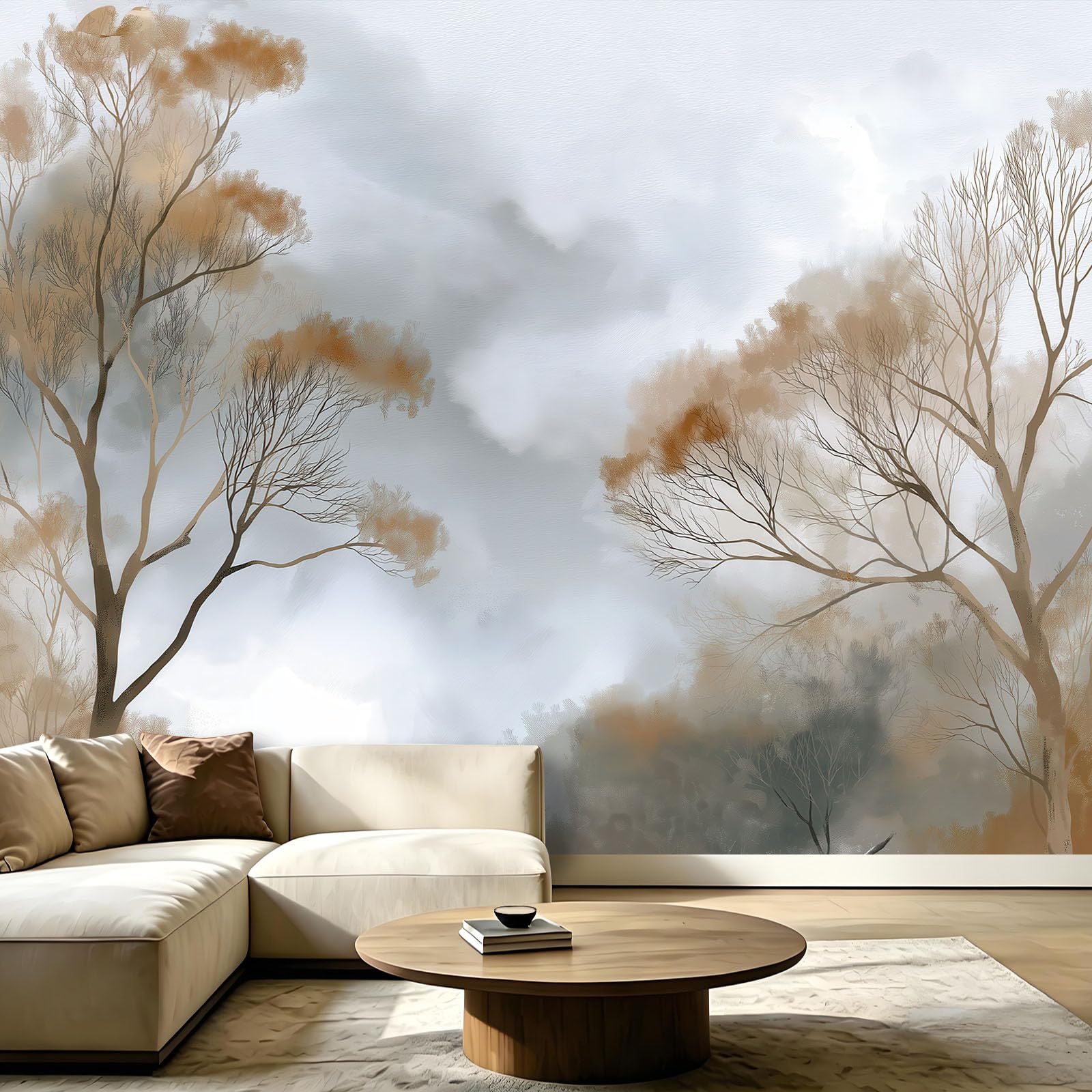 Papel pintado fotográfico con tinta botánica, 300 x 210 cm (ancho x alto), no tejido, impresión artística de alta calidad, póster decorativo, diseño moderno, árboles ahumados