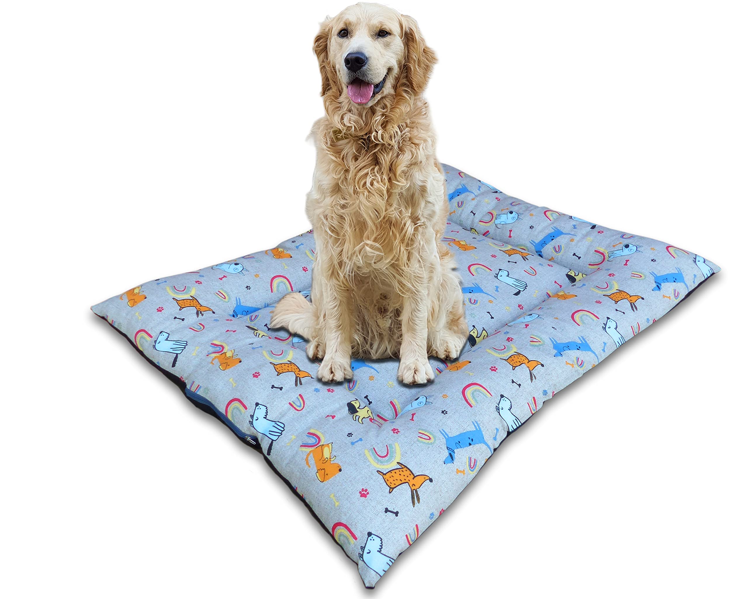 Cama Perro Grande o Mediano - Cojín, Alfombra, Colchón o Colchoneta de Mascota para Suelo, Lavable, 85x65 cm (Large, Arcoiris)