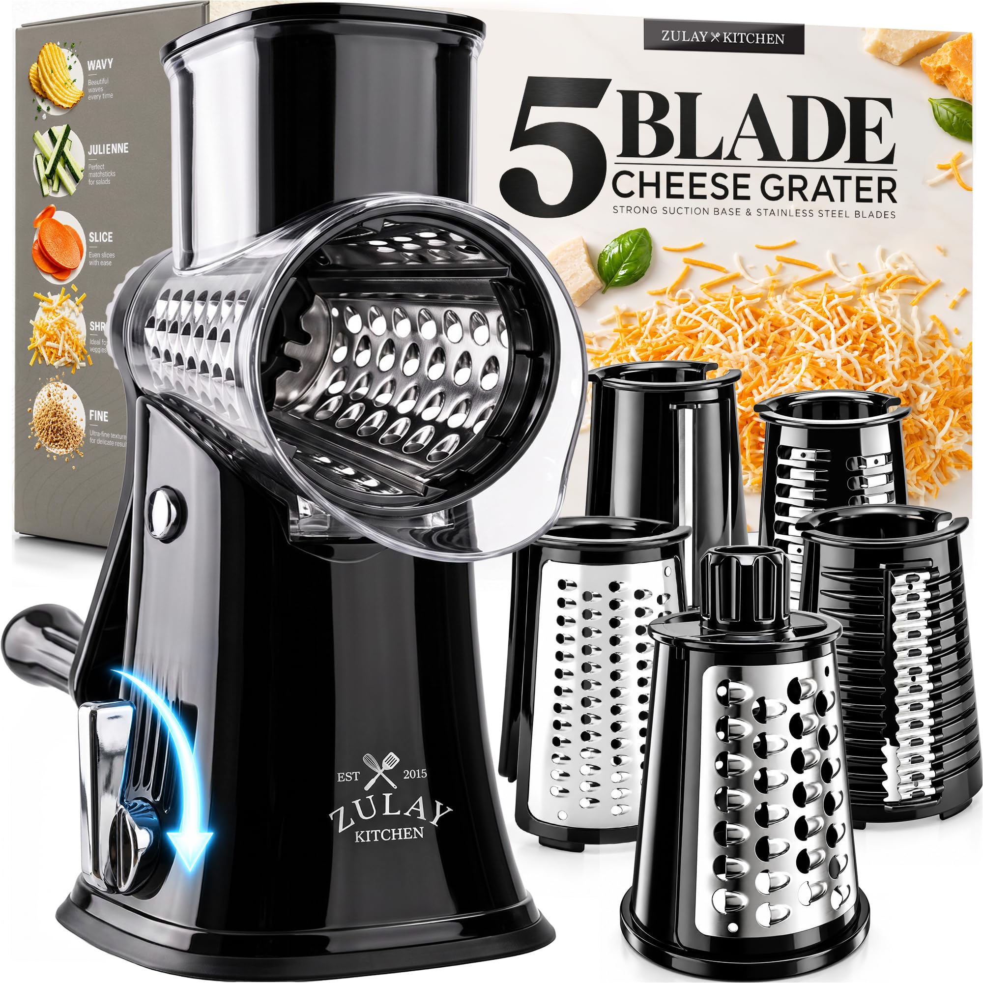 Rotary Cheese Grater Manual Hand Crank 5 Blade Shredder, Black &amp; Chrome