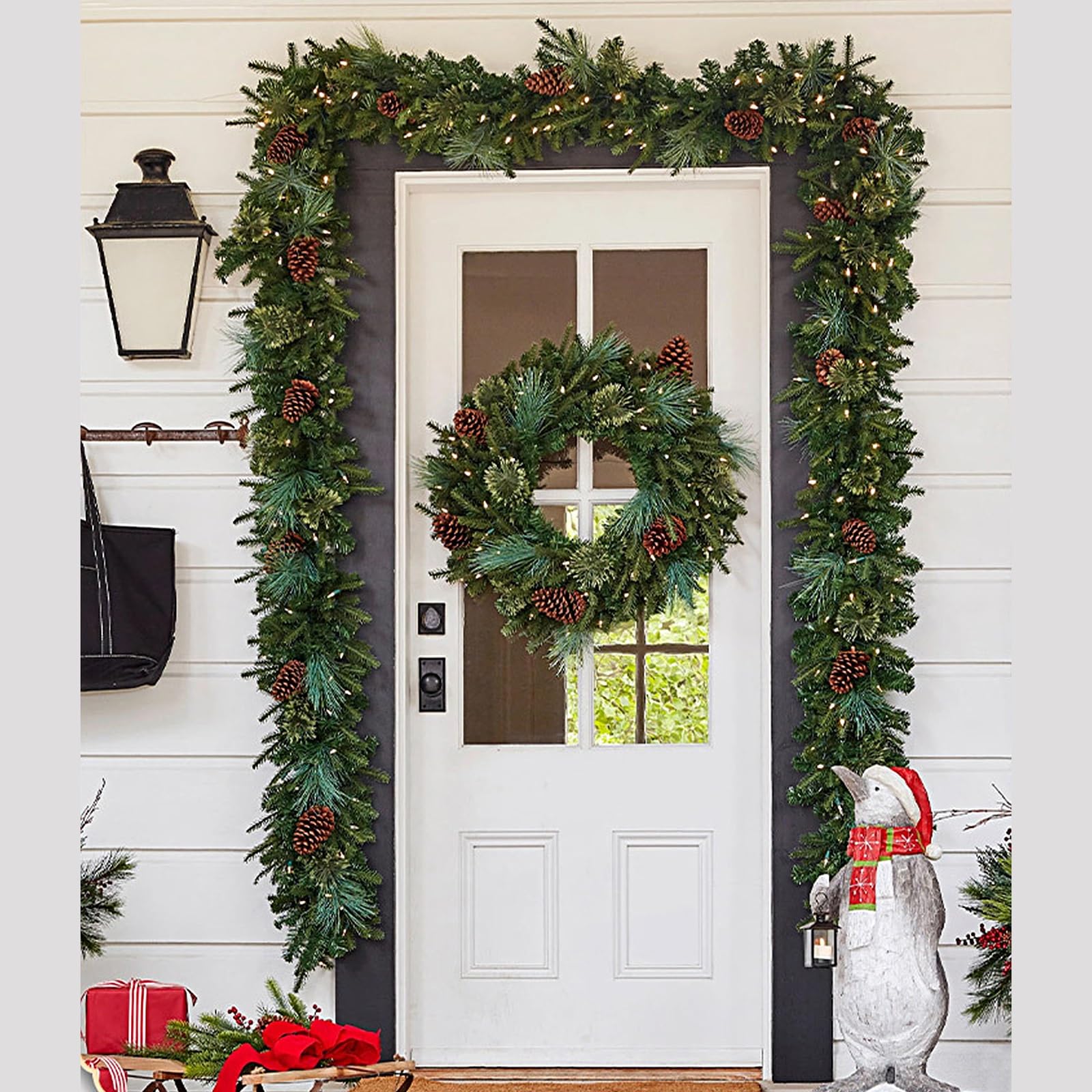 Juego de 2 Adornos Navidad, Christmas Garland con piñas y luz, Guirnalda Navidad, para Porche, Puerta de Entrada, Interior y Exterior.(80cm/31in)