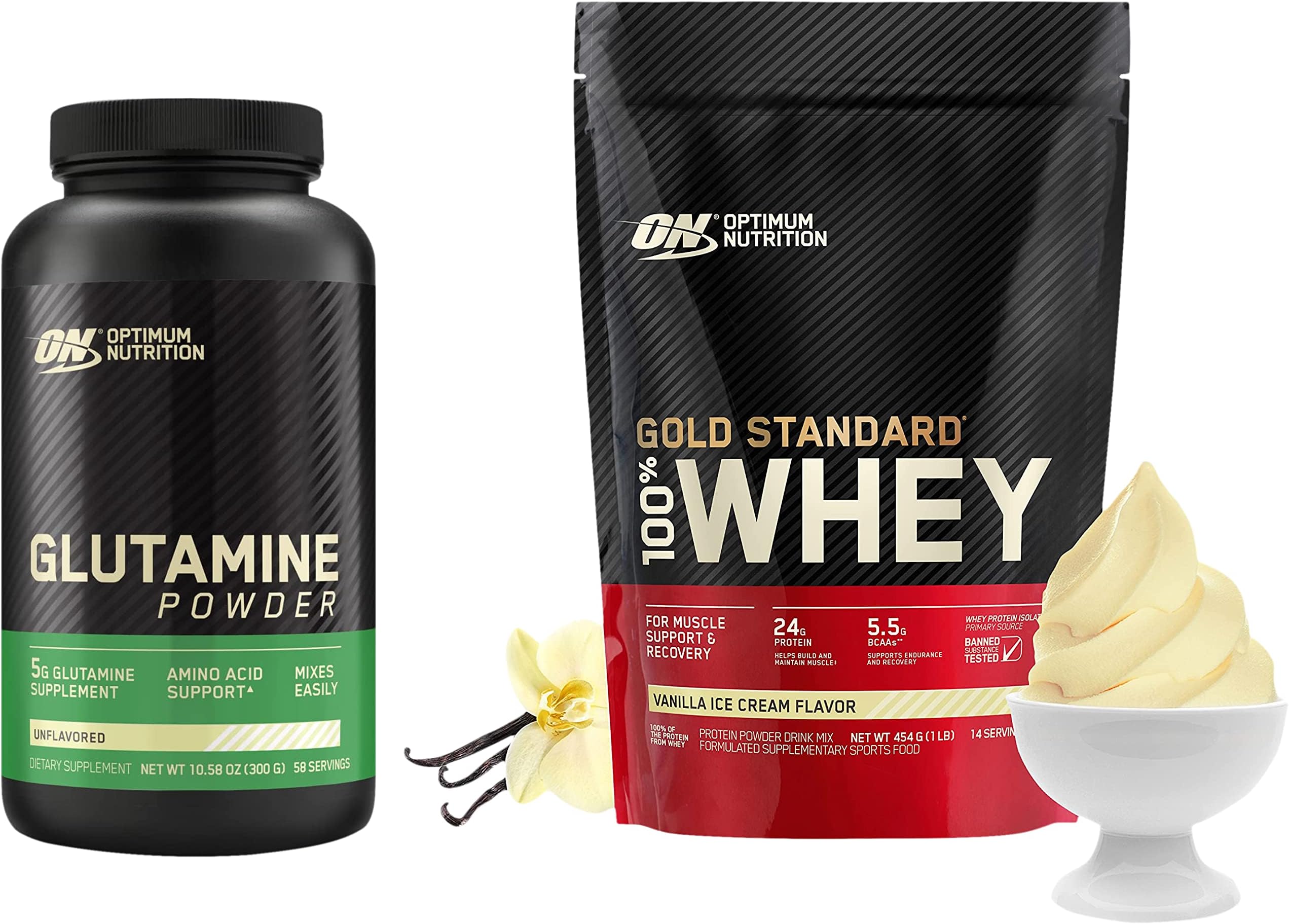 (ON) Gold Standard 100% Whey Protein Powder 1 Lbs, 454 G (Vanilla Ice Cream) & L-Glutamine Powder, 250 Gram, 1 Scoop