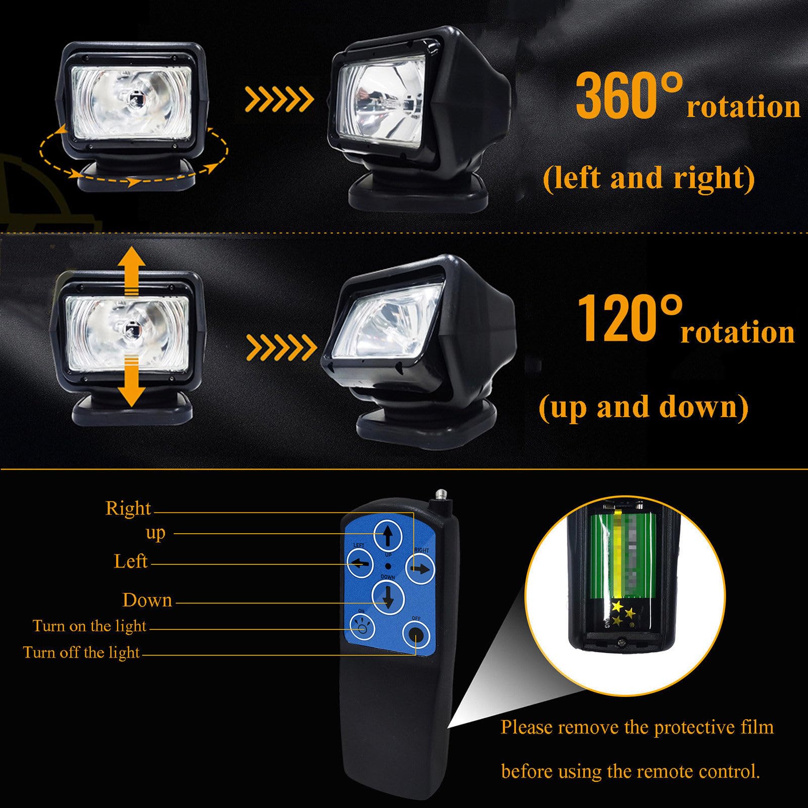 Reflektor LED ze zdalnym sterowaniem, zdalnie sterowany reflektor statku, reflektor LED do pojazdu terenowego ze zdalnym sterowaniem do uprawiania turystyki pieszej, rowerowej, awaryjnej,HID12V55W