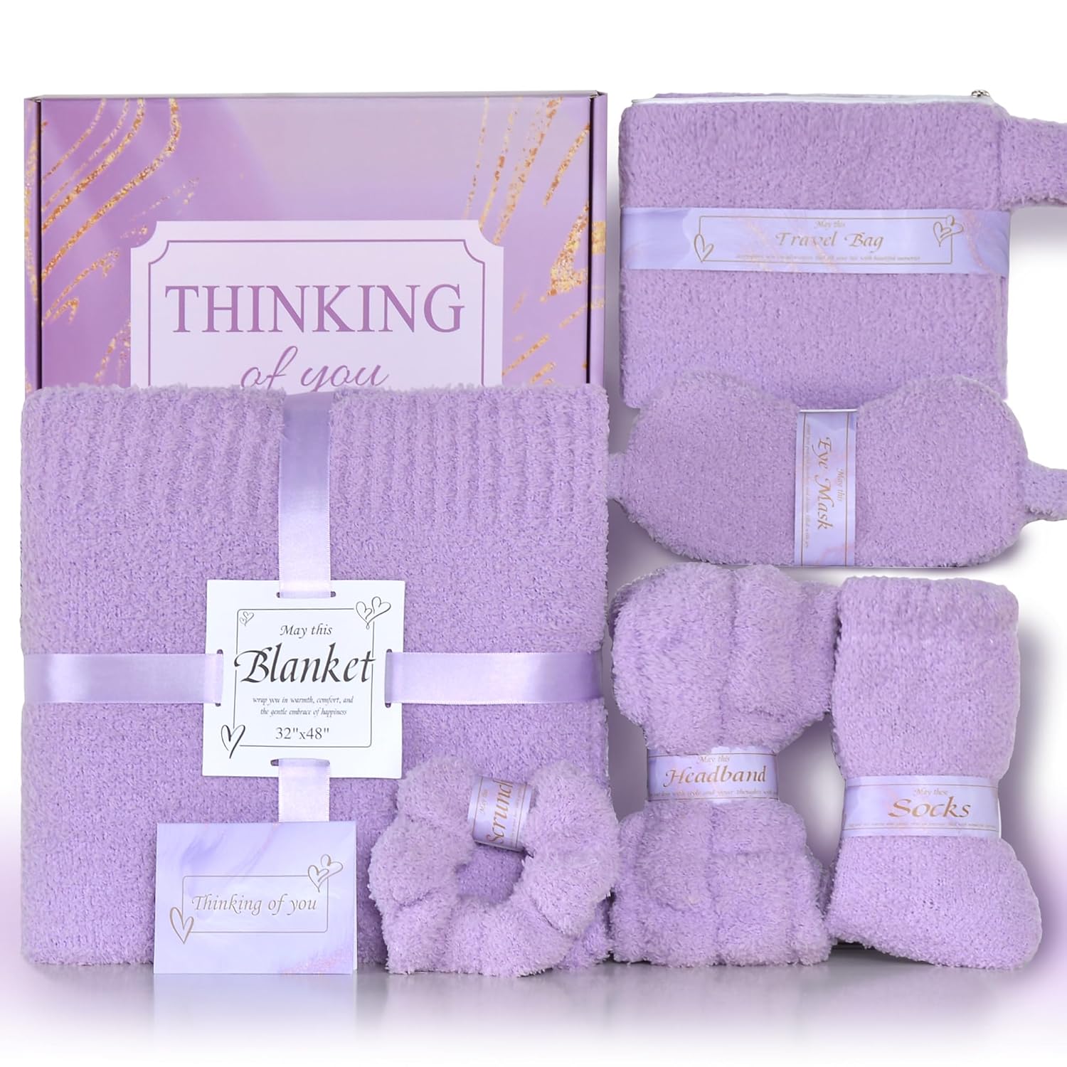 JOOJA Cozy Birthday Get Well Soon Gift Basket Care Package for Women with Blanket, Fuzzy Socks, Eye Mask, Headband Cozy Essentials - Lavender