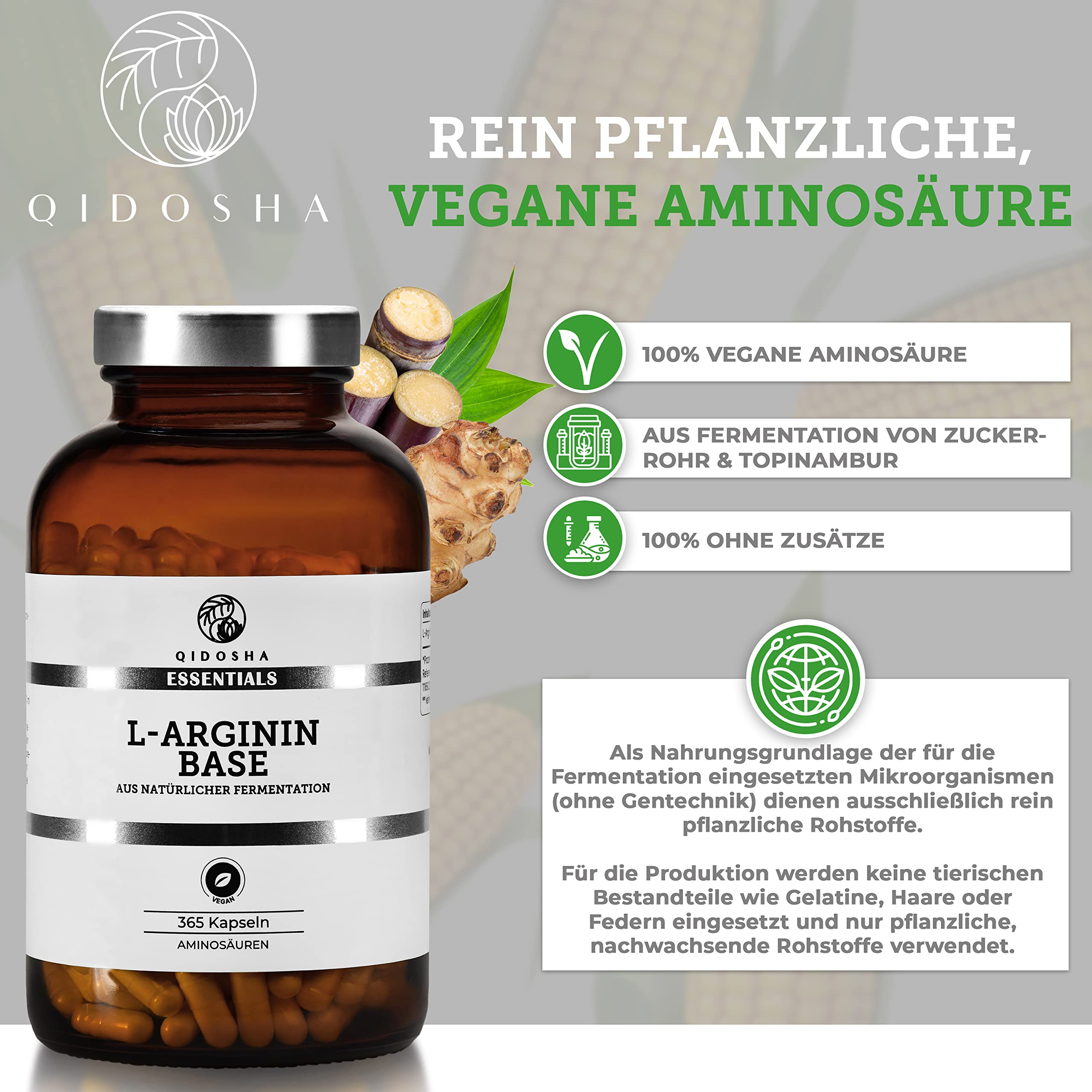 QIDOSHA® Premium L Arginin Base (nicht einfaches HCl), 365 Stk/Glas, 500mg je Kapsel, rein pflanzliche Aminosäure aus Topinambur und Zuckerrohr gewonnen, jede Charge laborgeprüft